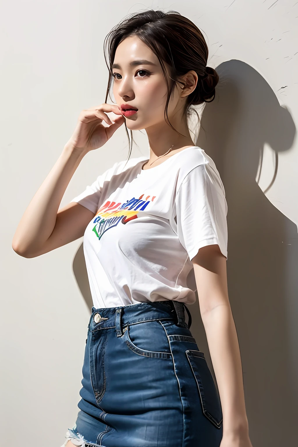 (8k, highest quality, masterpiece: 1.2), (hair_style), (realistic, photorealistic: 1.37), plump eyes, highest quality, masterpiece, ((standing in front of a white wall)), gradient lighting, Japan models, [small breasts], professional lighting, (hair reflecting in the light), shooting from the waist up, angle from behind, shot in a room with light, Fashion style of Japan trends of 2023, realistic, super detailed, 30s, cute, actress, elaborate CG, slender, hairstyle is straight straight hair, delicate skin type, (emphasizes the luster of hair), hands placed at the mouth, short length T-shirt, whitish skirt,