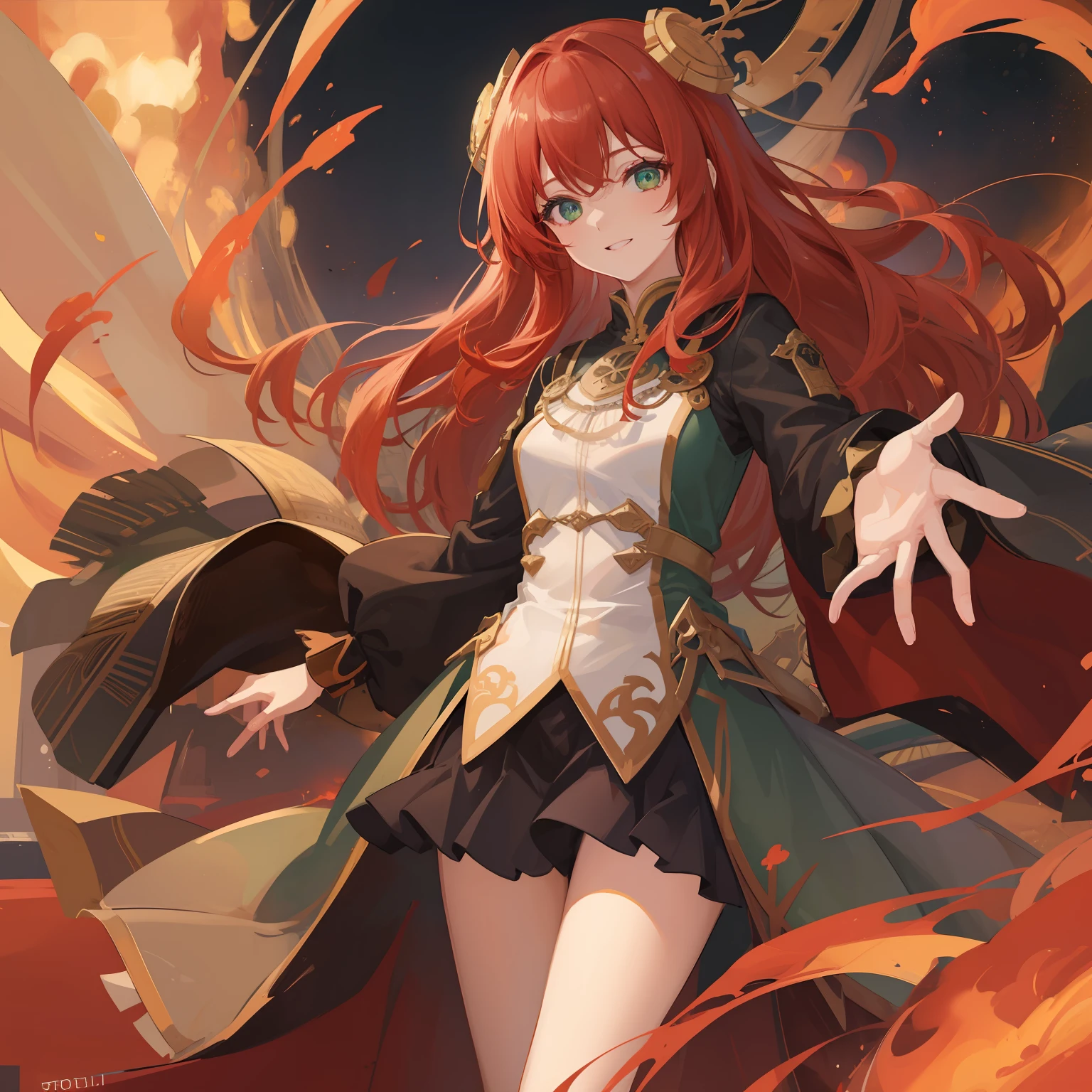 top-quality、ultra-detailliert、An ultra-high picture quality、超A high resolution、Beautie、1 adult female、green colored eyes、Luminescent eyes、dim red hair、Adult clothing、loimu、explosions、Flames rise、Pillar of fire、Smile、