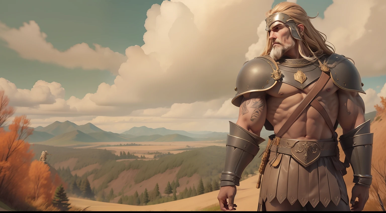 A tall and mighty warrior stood on the hill
