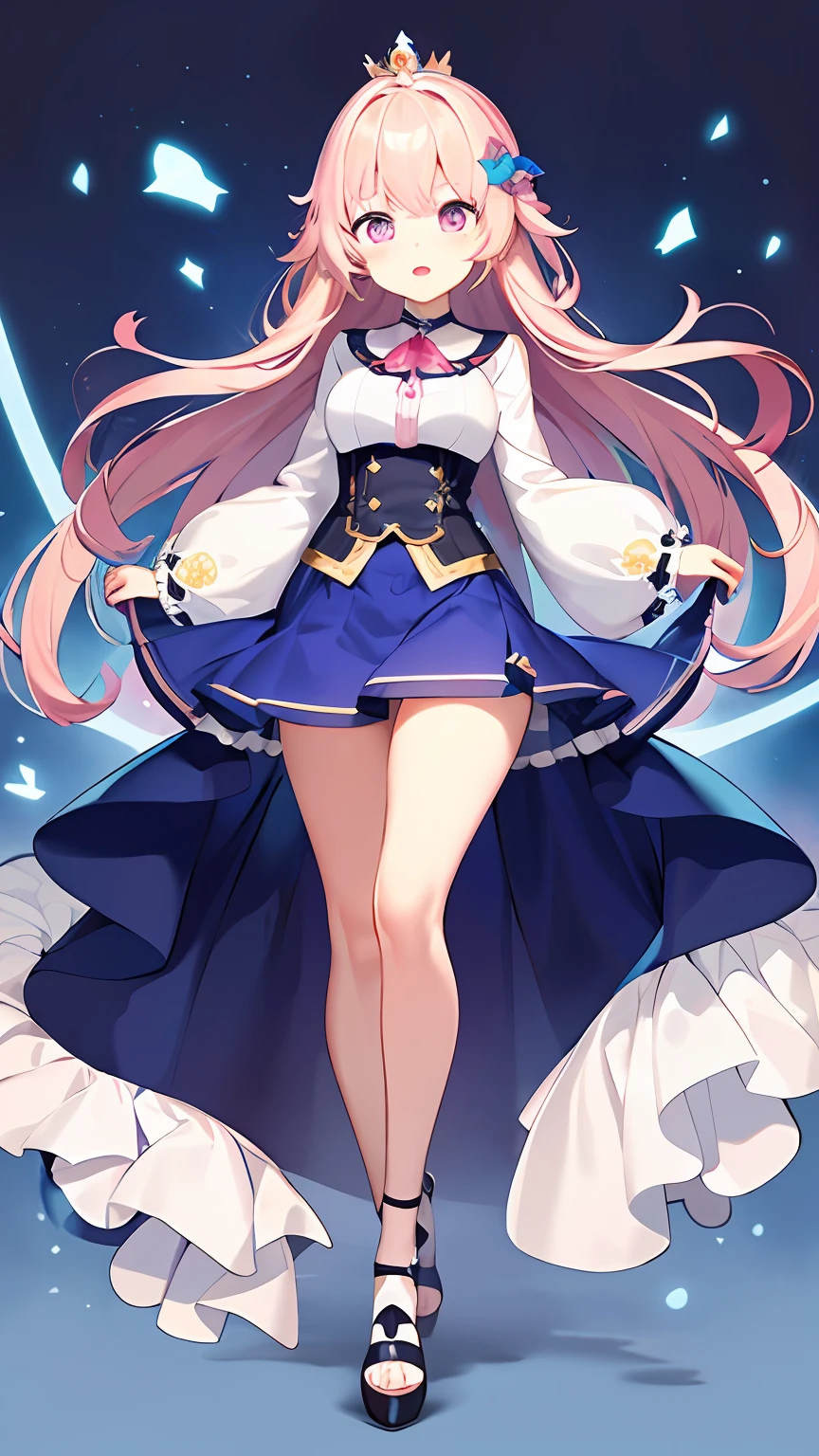 Best picture quality、tmasterpiece、full bodyesbian、legs long、Gorgeous princess skirt、blue backdrop、Pink eyes、short skirt、largeeyes、delicated、Long flowing hair、kawaii、Cute sister