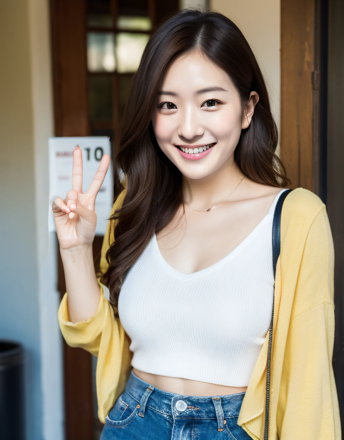 (Peace Sign Hand Gesture), Real fair skin, detailed fingers, detailed arms, detailed, hands, natural fingers, natural fingernails