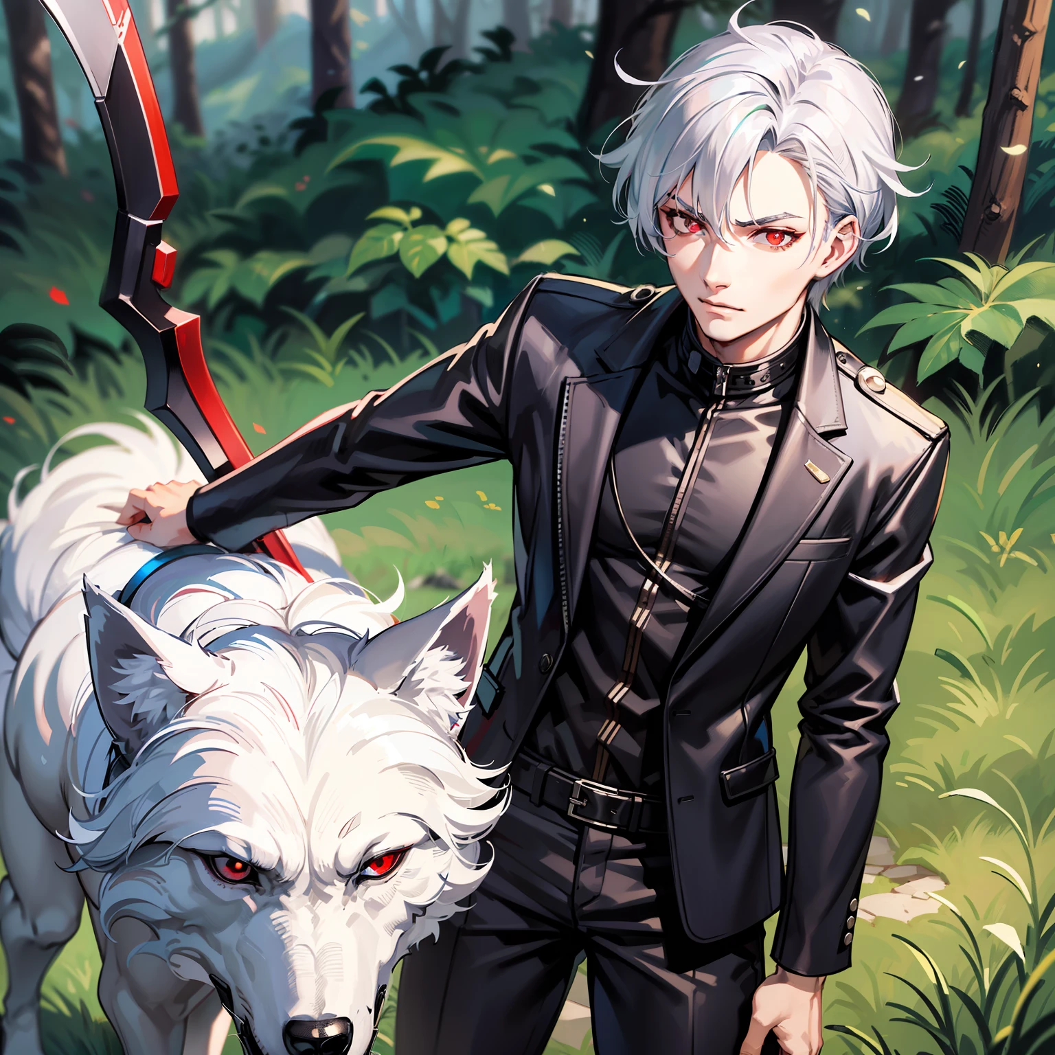 a boy in his 20s with silver hair on his head with 2 white wolf ears and ruby ​​red pupils along with a well-proportioned body with a bit of muscle having a wolf tail busy  modern black suit with some white pattern on hand holding a jet black scythe standing on a meadow behind a forest in the distance (complete finger, all  body set)