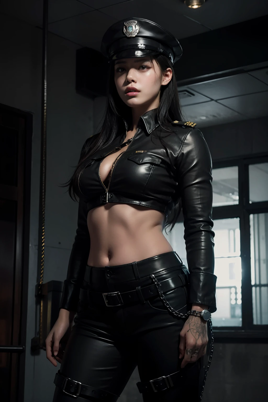 Highest image quality，Outstanding details，超高分辨率，one-girl，Female prison guard，Dark series，Dark style，dark，mechs，She wears a sexy police uniform，In prison，She was in a cage，Robust body，Sexy and robust，Detailed abs，Detailed muscle lines，dynamicposes，Prison cage background，dim murky lights，Dim lighting，grimy，Damp, icy environment，hand gun，Chains，rusted，handcuff，Highly detailed police uniforms，Highly detailed police cap，Police badge，wear police cap，Highly detailed guns，Highly detailed handcuffs，Highly detailed police equipment，frontage，Full body photo，Look from the bottom up，look from down, looki at viewer