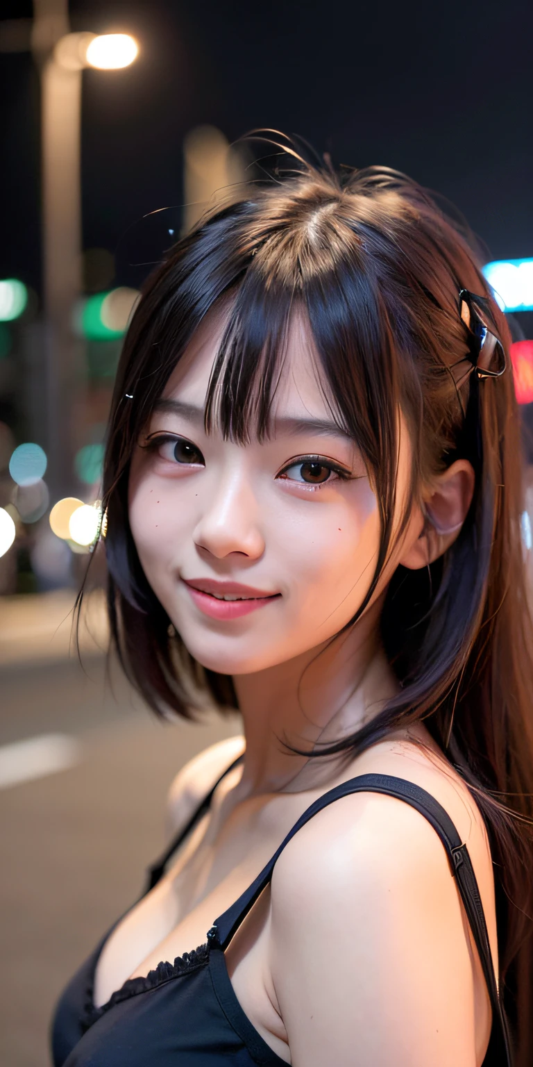 1girl, Tokyo street,night, cityscape,city lights,upper body,close-up,smile,, (8k, RAW photo, best quality, masterpiece:1.2),(realistic, photo-realistic:1.37),