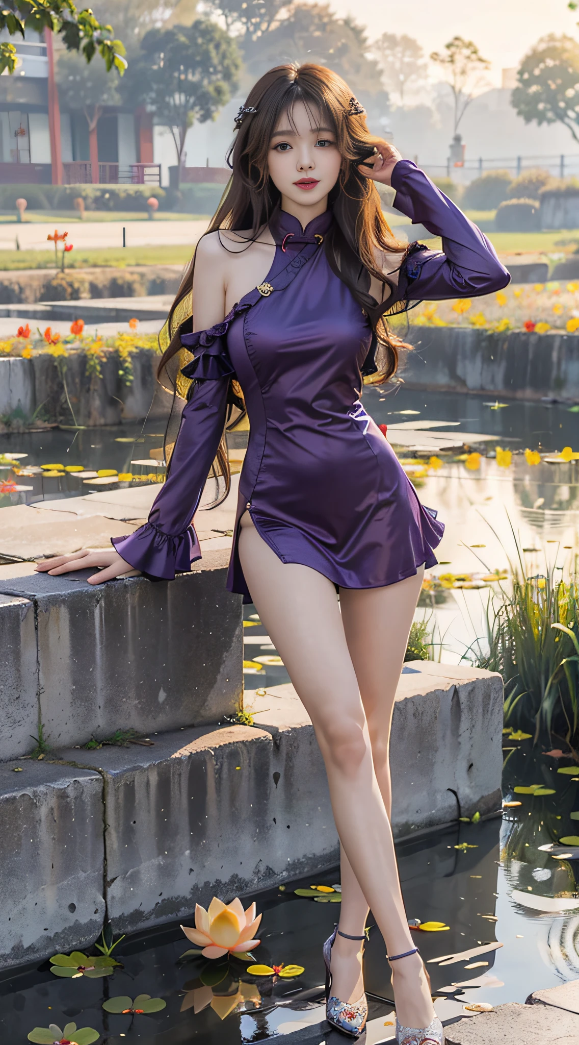 ((reality lighting, best qualtiy, 8K, tmasterpiece:1.3)), sharp fokus:1.2, 1girll, Beautiful Women with Perfect Figure:1.4, Slim abdomen:1.1, ((Extra-long, Slightly curly hair)), (Dark purple cheongsam）Cheongsam with beautiful patterns，,happy laughing，Lotus pond，（is shy），（Nice chest shape），Extra-long hair，high-heels，Ultra-detailed face，Anime legs，Long legs，Fine eyes，二重まぶた，Layered hair，Extra-long, slightly curly hair，Ruffle your hair，There is light in the eyes，