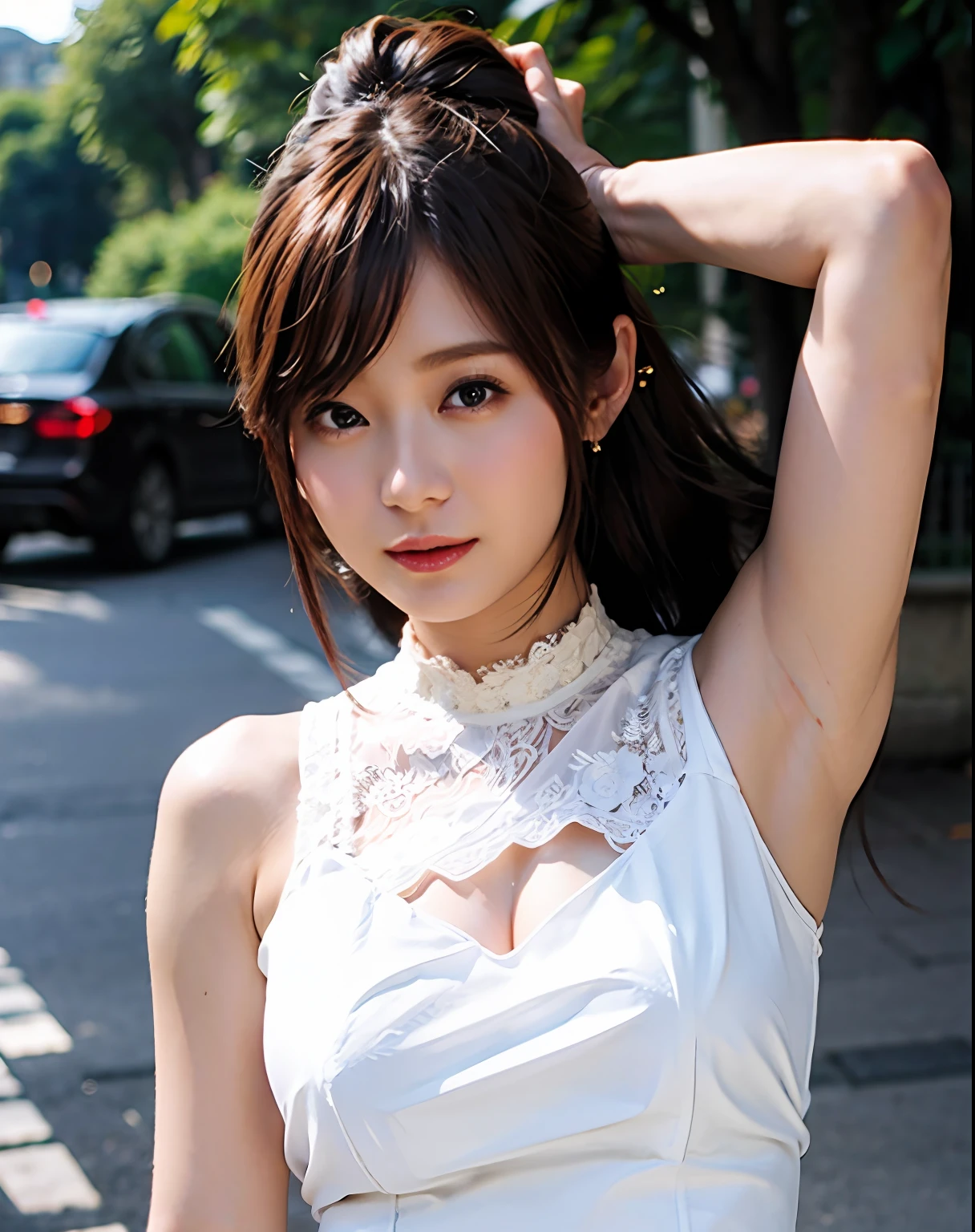 a woman posing on the street corner with white orange dress on, best quality, high res, 8k, 1girl, (huge breasts), day, bright, outdoor, (street:0.8), (people, crowds:1), (lace-trimmed dress:1.5, light white clothes:1.5, white high-neck dress:1.5, sleeveless dress, white dress: 1.5), gorgeous, (medium hair), beautiful detailed sky, beautiful earrings, (dynamic pose:0.8), (upper body:1.2), soft lighting, wind, shiny skin, looking at viewer,