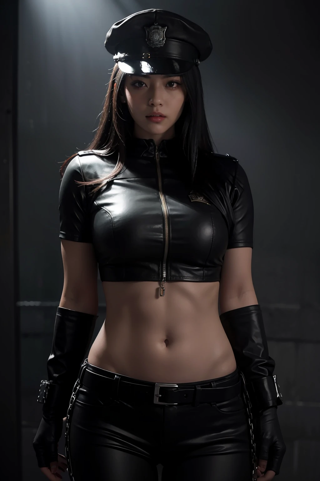 Highest image quality，Outstanding details，超高分辨率，one-girl，Female prison guard，Dark series，Dark style，dark，mechs，She wears a sexy police uniform，In prison，She was in a cage，Robust body，Sexy and robust，Detailed abs，Detailed muscle lines，dynamicposes，Prison cage background，dim murky lights，Dim lighting，grimy，Damp, icy environment，hand gun，Chains，rusted，handcuff，Highly detailed police uniforms，Highly detailed police cap，Police badge，wear police cap，Highly detailed guns，Highly detailed handcuffs，Highly detailed police equipment，frontage，Full body photo，Look from the bottom up，look from down, looki at viewer