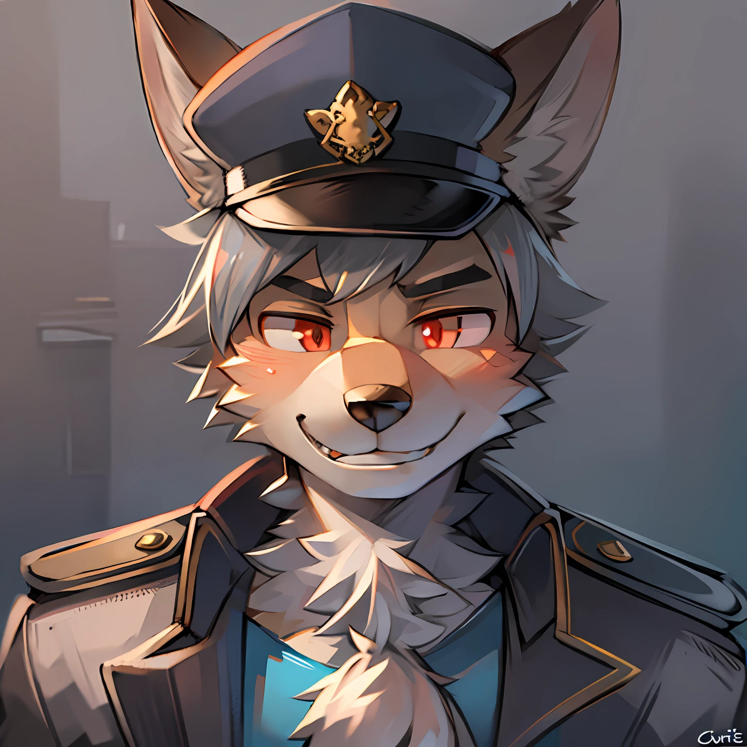 German Shepherd, Anthropomorphic German Shepherd, hairy pubic, 1boys, malefocus, 独奏, hairy pubic, red pupils, Police uniform, Gold-tone monocle, Gray hair, head portrait, Peaked hat, Dog ears, Naughty face, hyper HD, Masterpiece, ccurate, Super detail, High details, High quality, Award-Awarded, Best quality, A high resolution