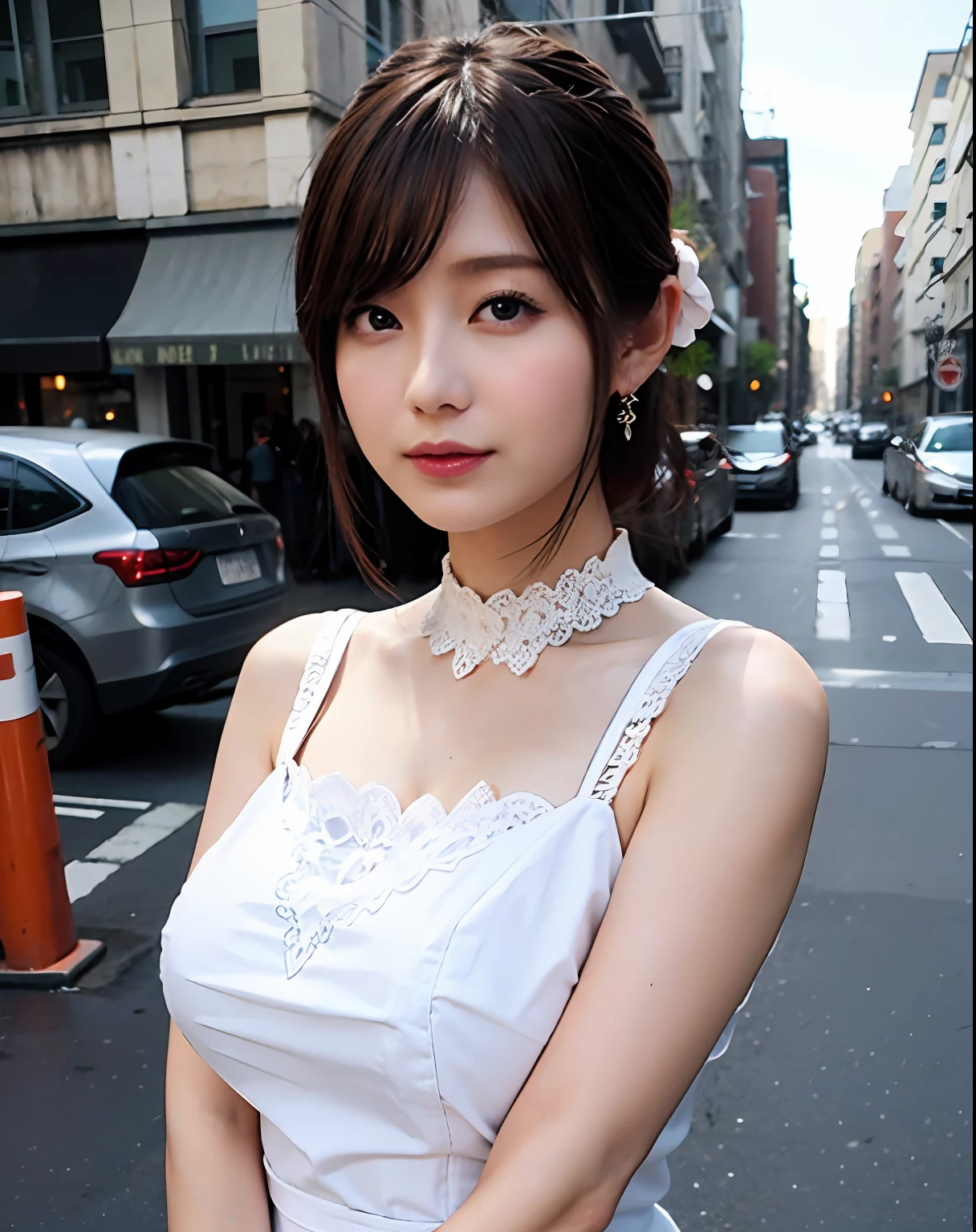 a woman posing on the street corner with white orange dress on, best quality, high res, 8k, 1girl, (huge breasts), day, bright, outdoor, (street:0.8), (people, crowds:1), (lace-trimmed dress:1.5, light white clothes:1.5, white high-neck dress:1.5, sleeveless dress, white dress: 1.5), gorgeous, (medium hair), beautiful detailed sky, beautiful earrings, (dynamic pose:0.8), (upper body:1.2), soft lighting, wind, shiny skin, looking at viewer,