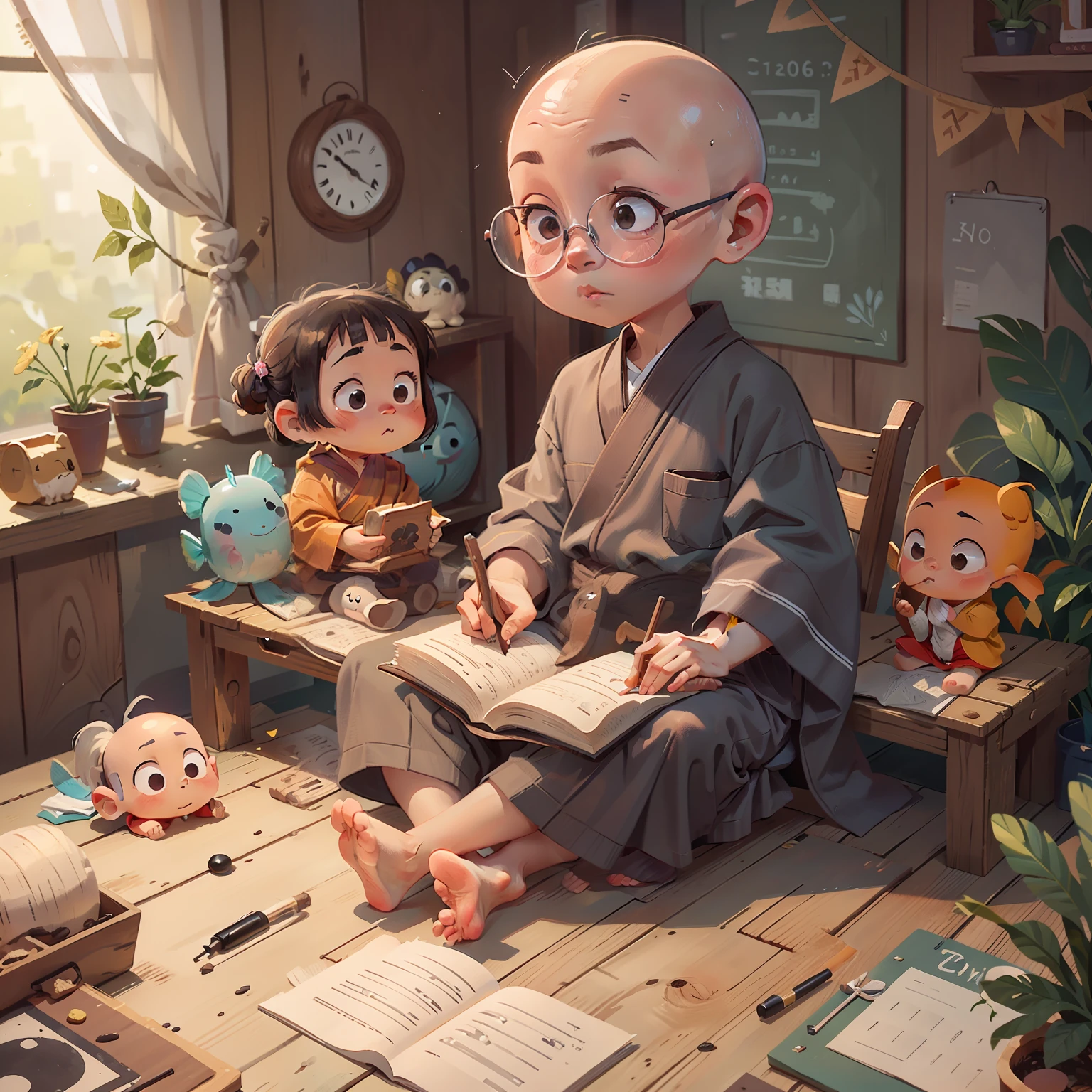 little monks,Sit cross-legged at your desk,Knock on the wooden fish chant,Wearing a gray robe,bald-headed,Side to the camera,handpainted,k hd