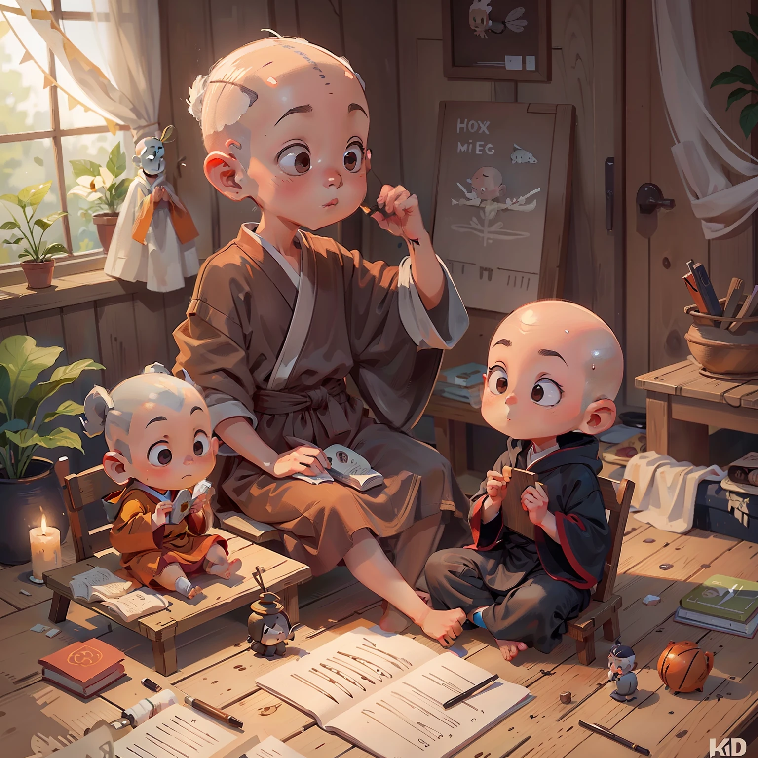 little monks,Sit cross-legged at your desk,Knock on the wooden fish chant,Wearing a gray robe,bald-headed,Side to the camera,handpainted,k hd