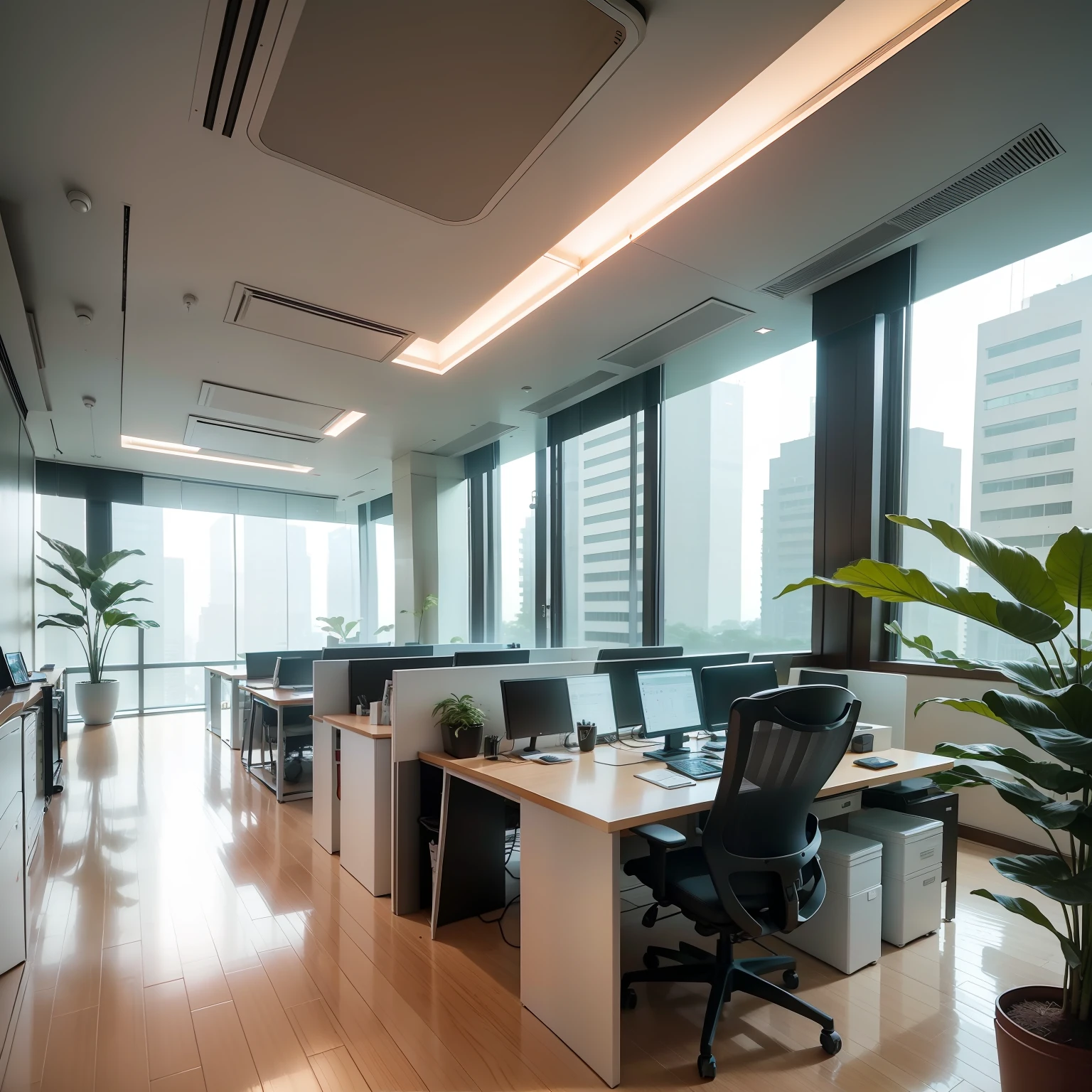 Ping An Finance High-rise Office Scene Large Space Multiple Office Chairs and Notebooks White Base Tone Artwork Decoration Office Desk Single Space Rest Area Snack Area Green Plant Three-dimensional Exhibition Hall Smart Screen Projection
