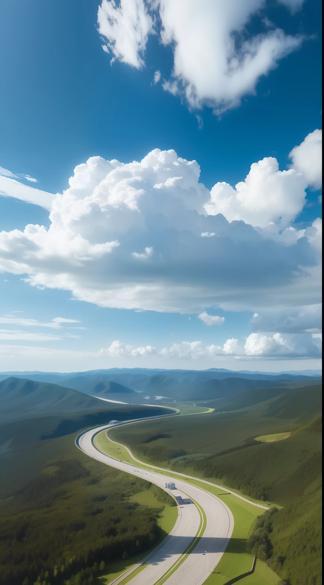 White overpass，View from the air，Through the clouds，ln the forest，Oblique composition，atmospurate，Photoreality，photore，tmasterpiece，hentail realism，Photoreality，hight contrast，8K HD， Render the atmosphere，A detailed, ultra - detailed, 超A high resolution, (真实感:1.4),, A high resolution, A detailed, rich colours