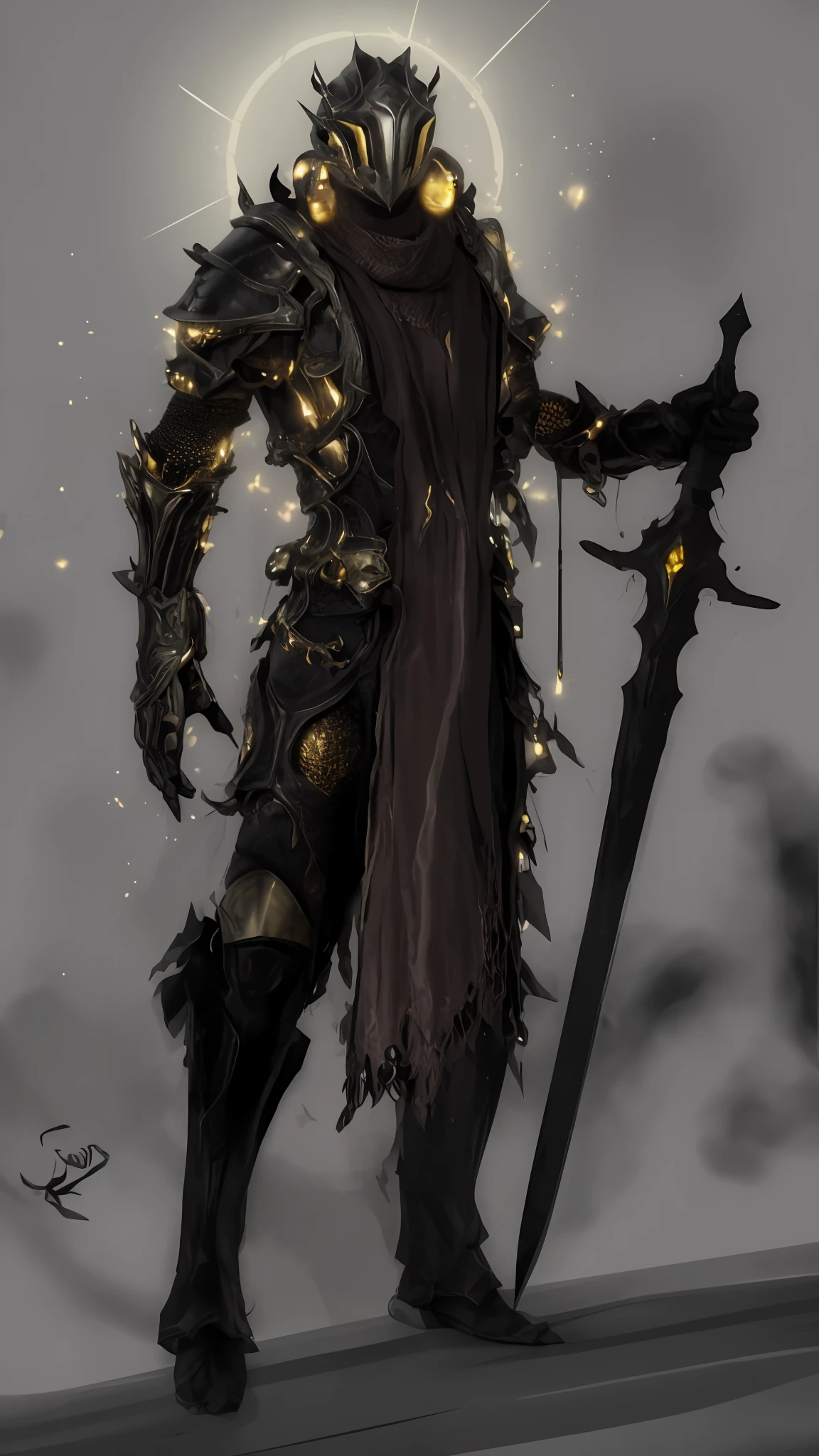 um homem de armadura segurando uma espada, design de personagens de fantasia sombria, Conceito de armadura de alma escura, arte conceitual de fantasia sombria, personagem de fantasia complexa, Armadura preta e dourada, Armadura preta e dourada, arte conceitual sombria, cavaleiro morto-vivo, armadura escura, epic exquisite character art, conceito de personagem de fantasia heroica, Arte conceitual de um guerreiro, conceito detalhado de corpo inteiro, conceito de personagem de fantasia, 4K, extremamente realista, texturas realistas, textura realista de ferro, textura realista de tecido, luzes douradas brilhantes
