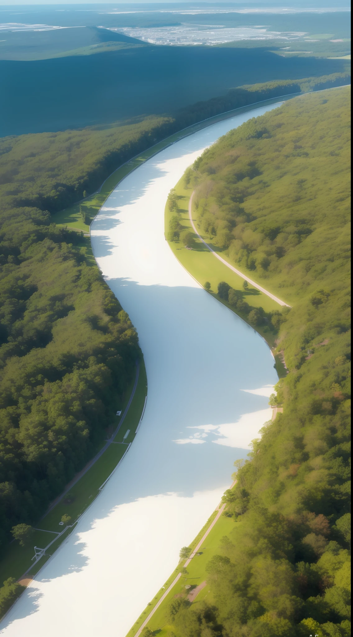 White overpass，View from the air，Through the clouds，ln the forest，Oblique composition，atmospurate，Photoreality，photore，tmasterpiece，hentail realism，Photoreality，hight contrast，8K HD， Render the atmosphere，A detailed, ultra - detailed, 超A high resolution, (真实感:1.4),, A high resolution, A detailed, rich colours