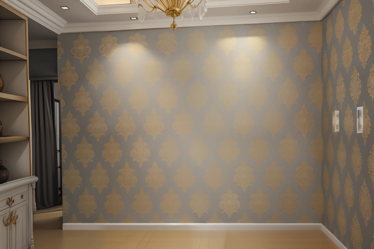 There is a room with chandeliers and wallpaper walls, wallpaper on the walls, the wallpaper, wallpaper design, pristine quality wallpaper, wallpaper pattern, ornate backdrop, living room wall background, yellowing wallpaper, Interior decoration, damask patern, wall ], elegant and extremely ornamental, Wall painting, damask, subtle pattern, light grey blue and golden, plaster，Take this diagram as a basis，Generate a homestay front picture，Require that the background content not be modified，You can modify the brightness