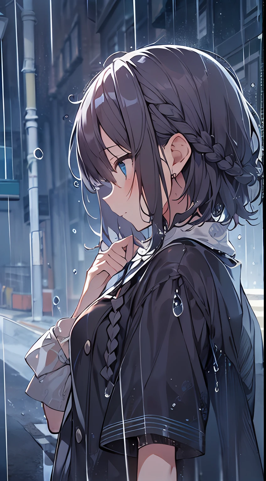 masutepiece, Best Quality,Illustration, Wallpaper, Ultra Detail, absurderes, 1girl in, Solo, (Medium short hair、short braided hair), Beautiful detailed eyes, rainfall、water dripping、wetting hair , Looking to the side, (Street:1.5), Cloudy sky、Bright scenery