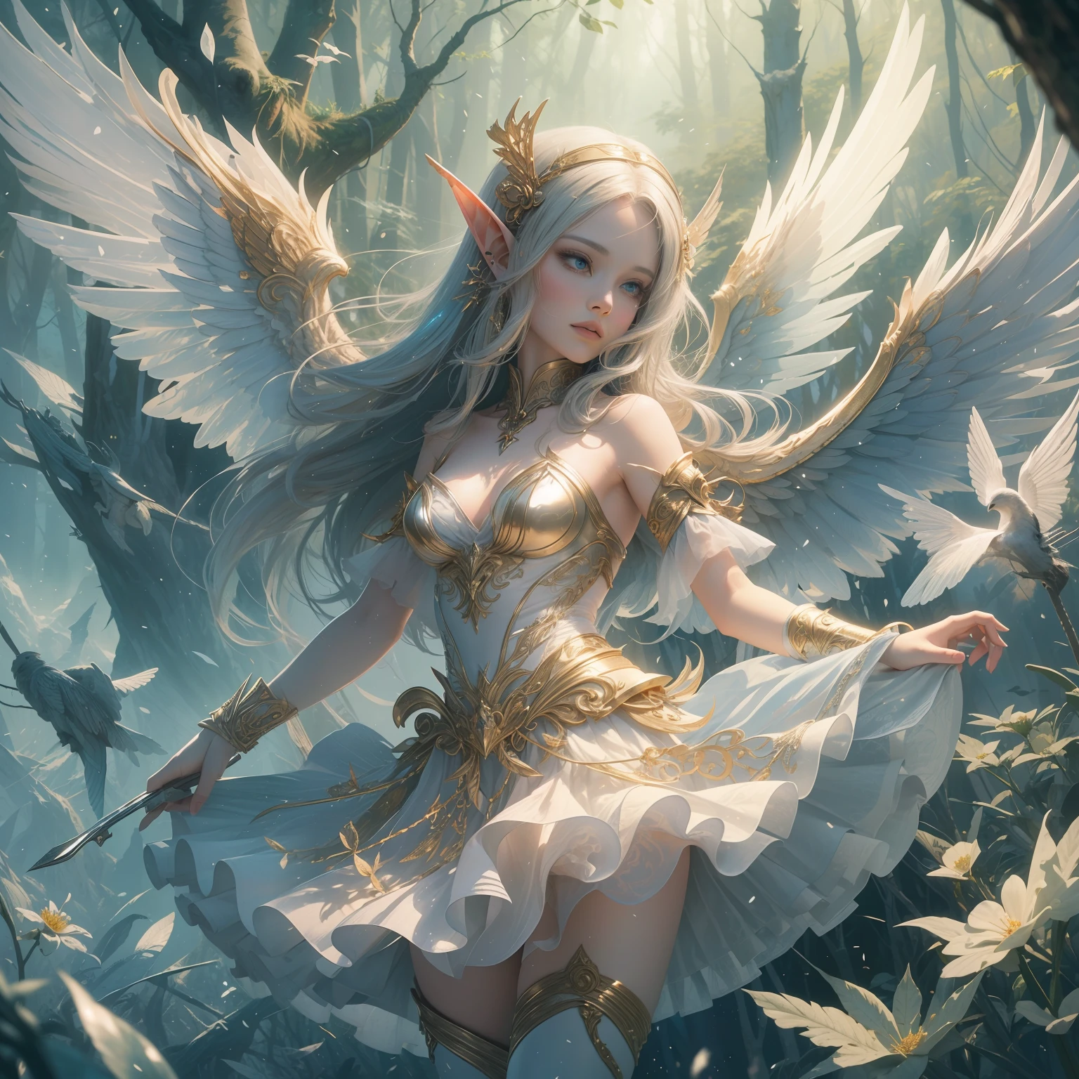 (Exquisite art style: 1.2 + bright colors: 1.2), (HD (8K) wallpaper + ultra-high precision: 1.2), When you think of "elf wings", you will imagine a flowing, elegant elf girl, flying in the air, surrounding the woods and wilderness. Her wings can be white, gold, or silver-gray, shining. She can wear dresses, short skirts or blue silk. Surrounded by trees, flowers and small animals, it is full of nature and magic. The theme "Wings of Elves" is good at depicting brightly colored and detailed dreamy pictures, which lead people's imaginations infinitely to the world of freedom and fantasy.