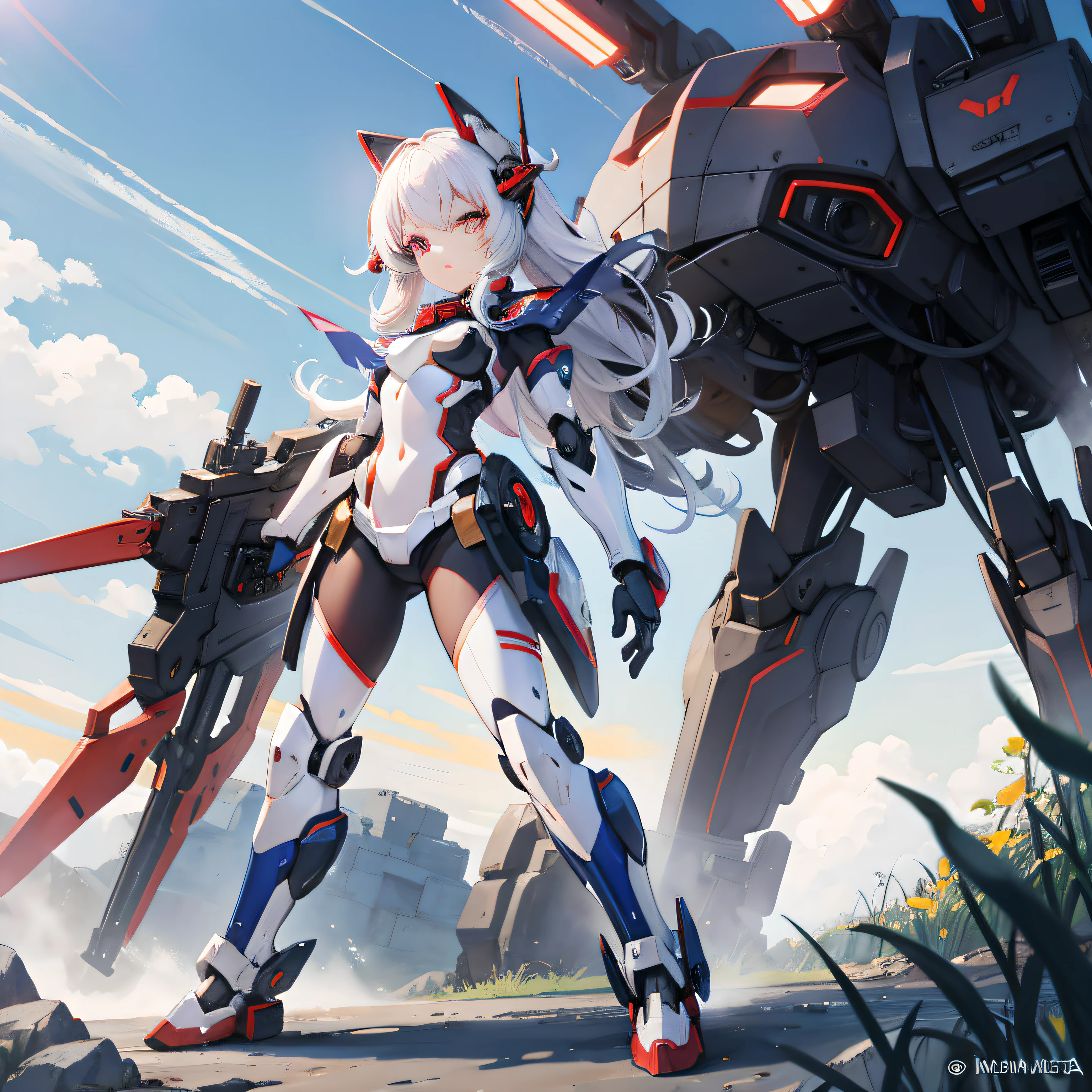 mecha-girl，Extra-long curls，red - eyed，Remove the background