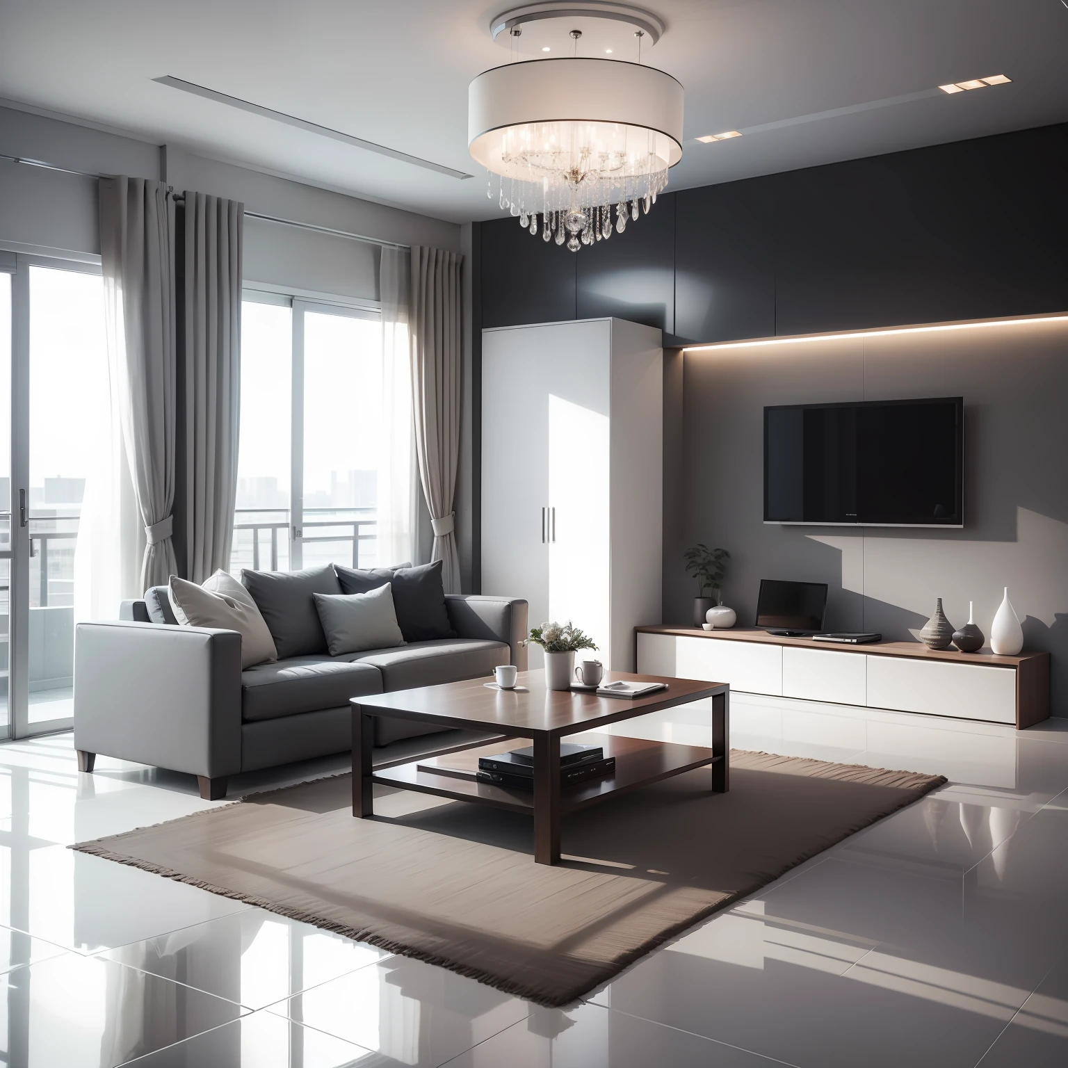 A modern light luxury style living room，Curtain box，Light gray floor tiles，Dark gray furniture，Suspended top。