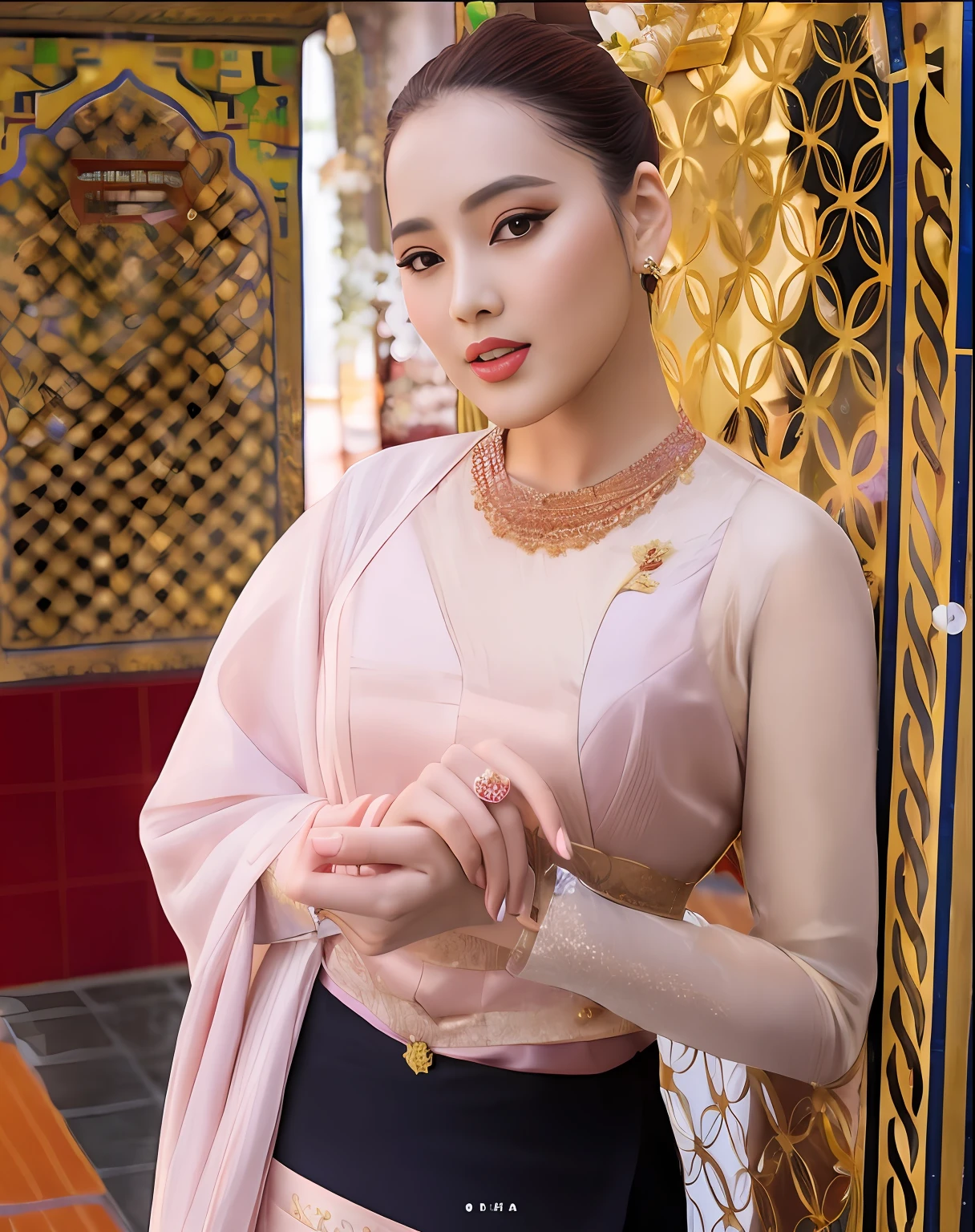 girl in a pink blouse and black skirt standing in front of a gold gate, nivanh chanthara, traditional beauty, south east asian with long, sukhothai costume, ao dai, dilraba dilmurat, mai anh tran, wearing ornate silk clothes