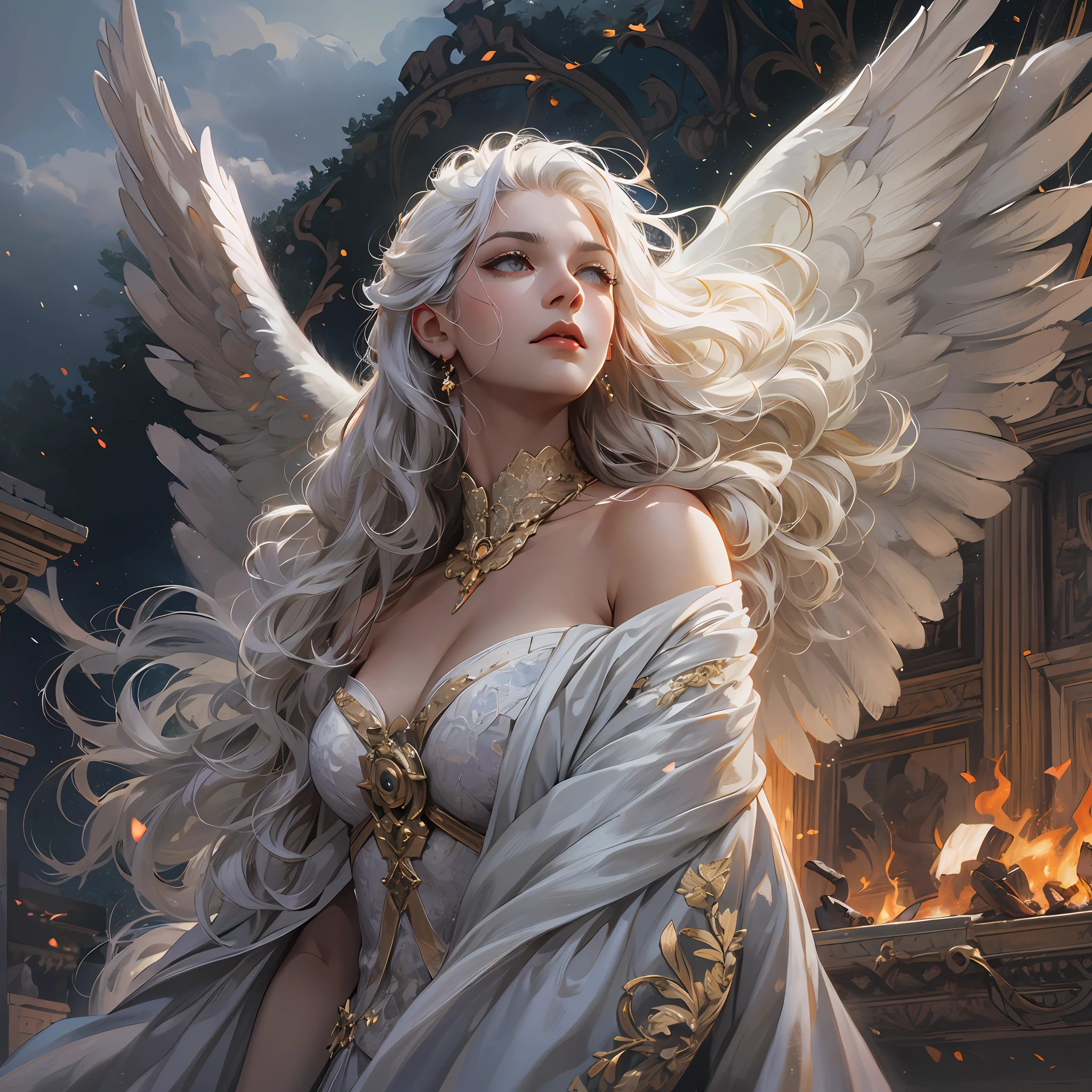 (absurdres, highres, ultra detailed), 1woman, mature female, aged up, wavy long hair, white hair, black eyes, bangs, long sleeves, finely detailed eyes and detailed face, extremely detailed CG unity 8k wallpaper, intricate details, looking down, solo, half shot, detailed face, stoic expression, dynamic pose, flowing hair, classical era, (ancient roman theme:1.1), angel wing, roman mythology, Roman empire, Capua, ancient vineyard, oracle, cape, iron accessories, ancient theme, (flourishing civilization:1.1), pristine white marble, (intact:1.1) marble buildings, hills in background, brazier, burning embers, night, darkness, stars, aura of light, majestic atmosphere, floating stone particles,, portrait, wind swirling