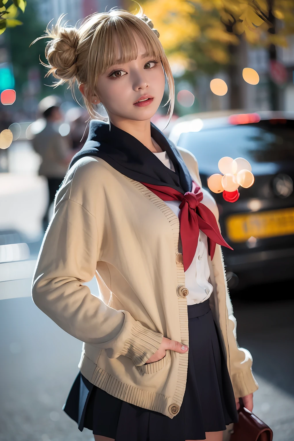 ((a blond、Himiko Toga、White Uniform Shirt、Dark blue uniform skirt、cardigan、red scarf、Dark eye shadow、Patsun、Twin-tailed、Bun head、tthin eyebrows、Black socks、Black loafers))、NSFW、masterpiece、top-quality、hightquality、magnifica、Beautiful fece、hight resolution、Very high resolution、Raw photo、Best Illustration、hyper realisitic、1girl、realisitic、The ultra-detailliert、Photorealsitic、incredibly absurdness、a closeup、Floating hair、Soft light、Cinema Lights、Film Grain、full bodyesbian、depth of fields、blurry backround、bokeh dof:1.4、eyes focus、85mmレンズ、professionally lit、lensflare、Luminous particles:0.6、Professional Writing、portlate:0.6、Photon Mapping、Radio City、physically-based renderingt、a japanese girl、sexual excitement:1.5、lifelike face、Realistic body、real looking skin、huge-breasted:1.3、well-styled、camel's toe、light skinned:1.1、cute little:1.5