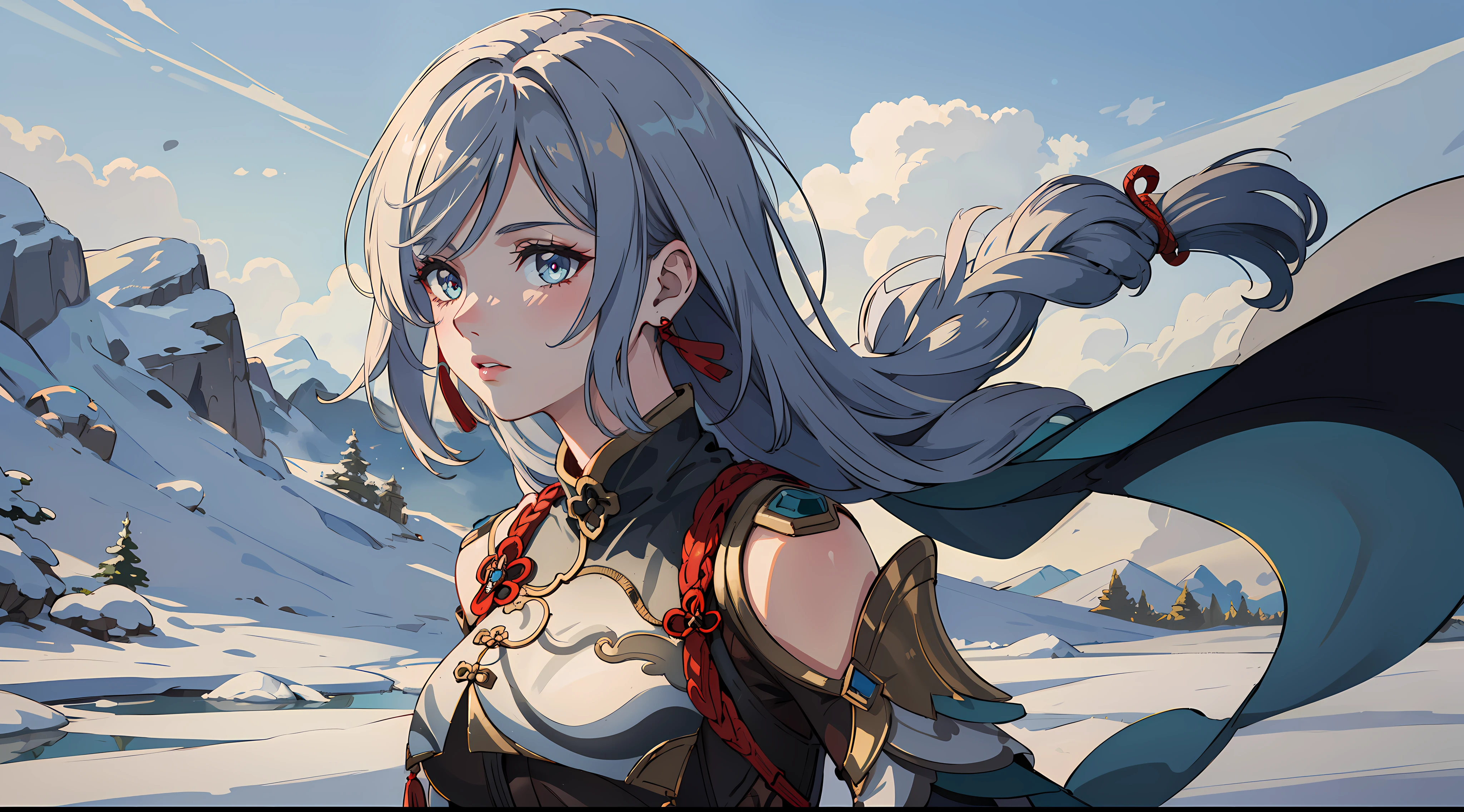 shenhedef, upper body, seductive look, blush, outdoors, snowflake scenery, looking at viewer, cloudy, moody lighting, (perfect detail eyes:1.2), glowing eyes, (long hair one braid:1.2), elemental skill effect, (Masterpiece, Best Quality, High Quality:1.4), professional artwork, Intricate Details, field of view, sharp focus, detailed painting, photorealistic lighting, trending on pixiv, (vivid lighting, vibrant colors:1.05), realistic shadows, ambient occlusion, (athletic body:1.3), mature woman, 30yo,