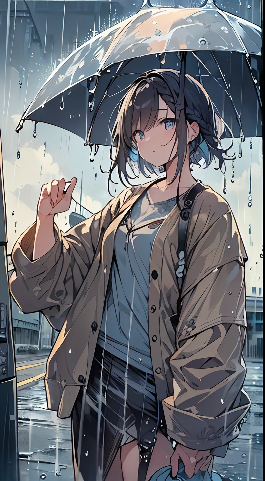 masutepiece, Best Quality,Illustration, Wallpaper, Ultra Detail, absurderes, 1girl in, Solo, (Medium short hair、short braided hair), Beautiful detailed eyes, rainfall、water dripping、wetting hair , Looking to the side, (Street:1.5), Cloudy sky、Bright scenery