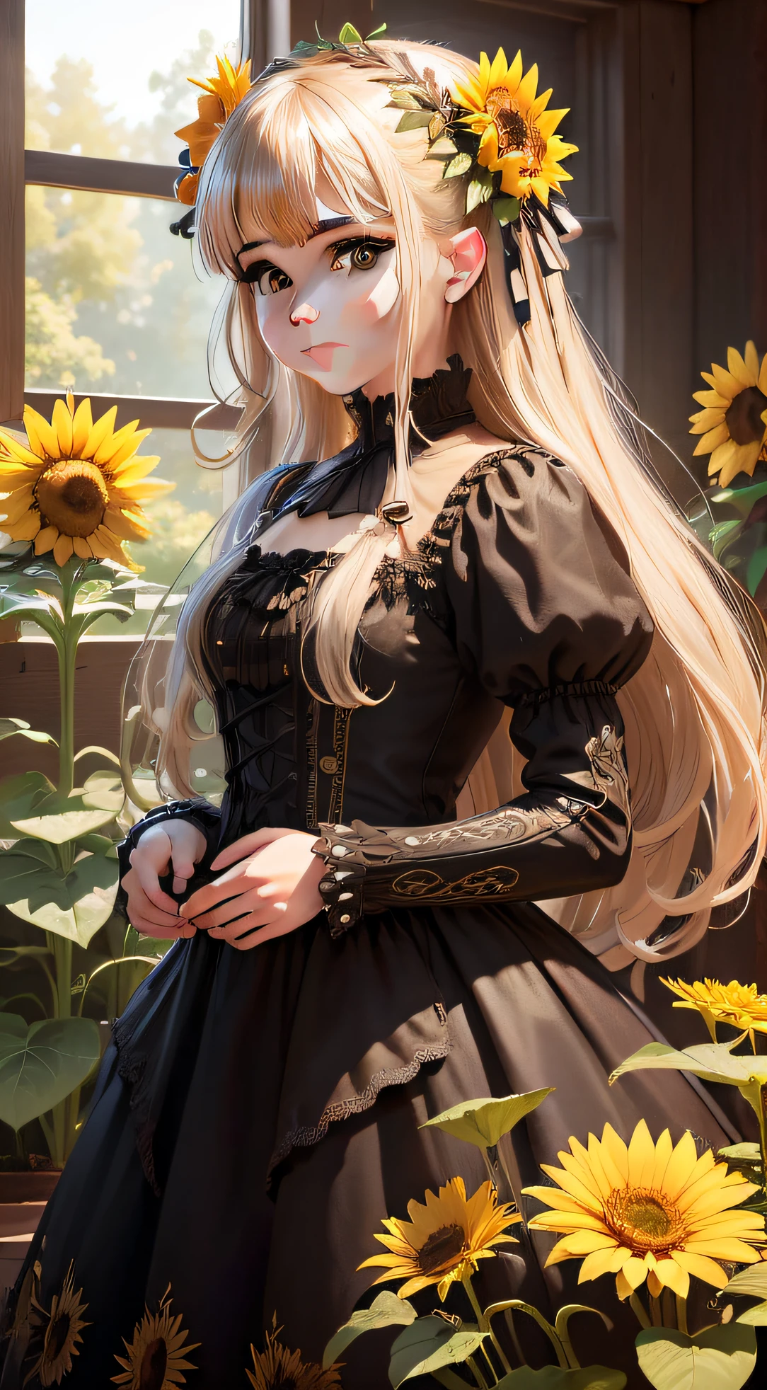 A girl holds a sunflower,Smile sweetly,With sunflower hair ornaments,dual horsetail,extremy detailed,realistic raytraicing,Epic composition,(Complicated details),(Complex design,hyper-detailing:1.2),art stations, (tmasterpiece,best qualtiy),hyper HD,32k --v 6