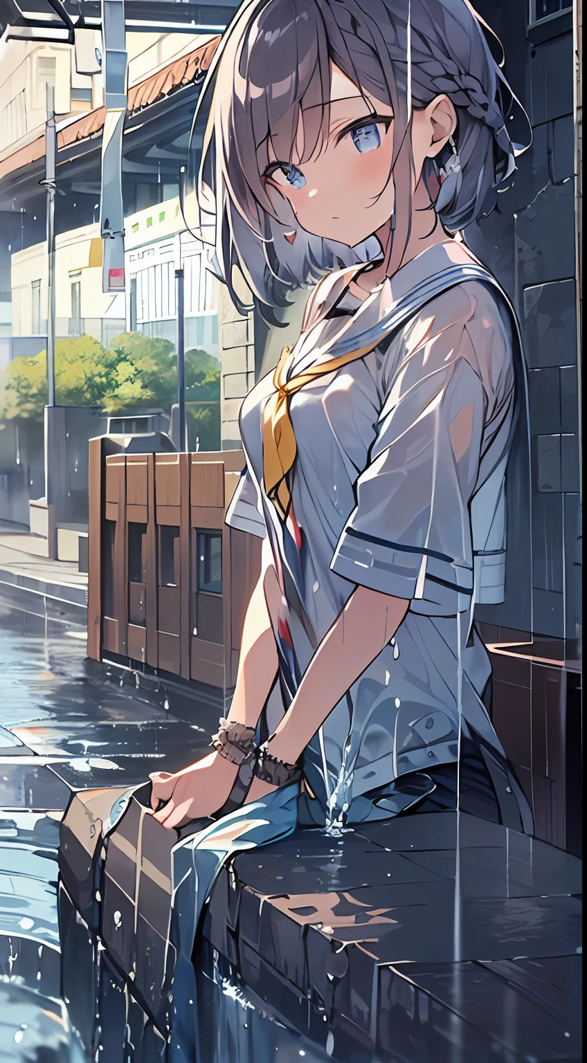 masutepiece, Best Quality,Illustration, Wallpaper, Ultra Detail, absurderes, 1girl in, Solo, (Medium short hair、short braided hair), Beautiful detailed eyes, rainfall、water dripping、wetting hair , Looking to the side, (Street:1.5), Cloudy sky、Bright scenery