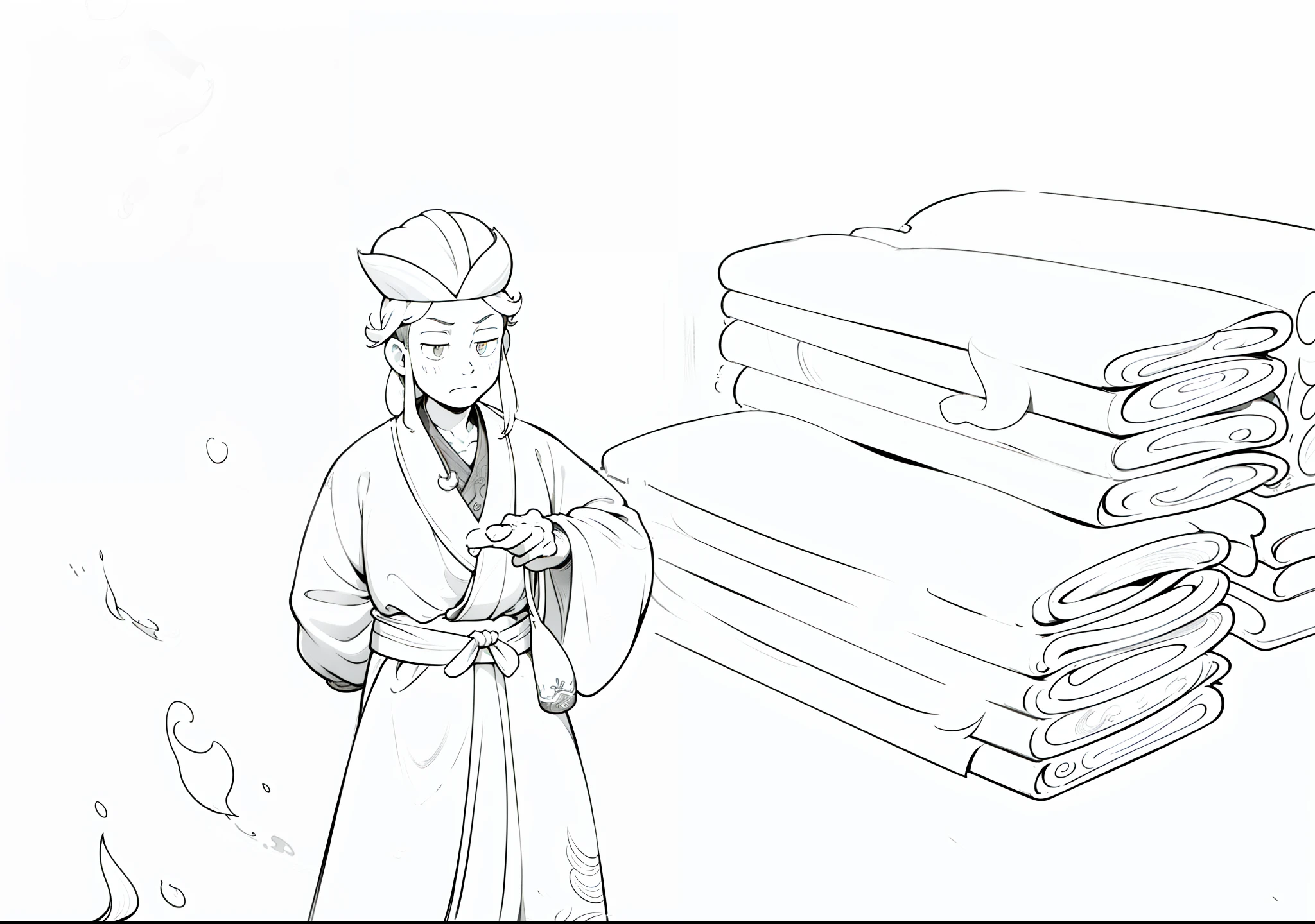a drawing,A man stands next to a stack of papers,A hat is worn on his head, Storybook illustration, Song Huizong, superflat, storybook illustrations,Black lines,monochrome, (Black and white manuscript:1.4), White background,(Simple background:1.2)