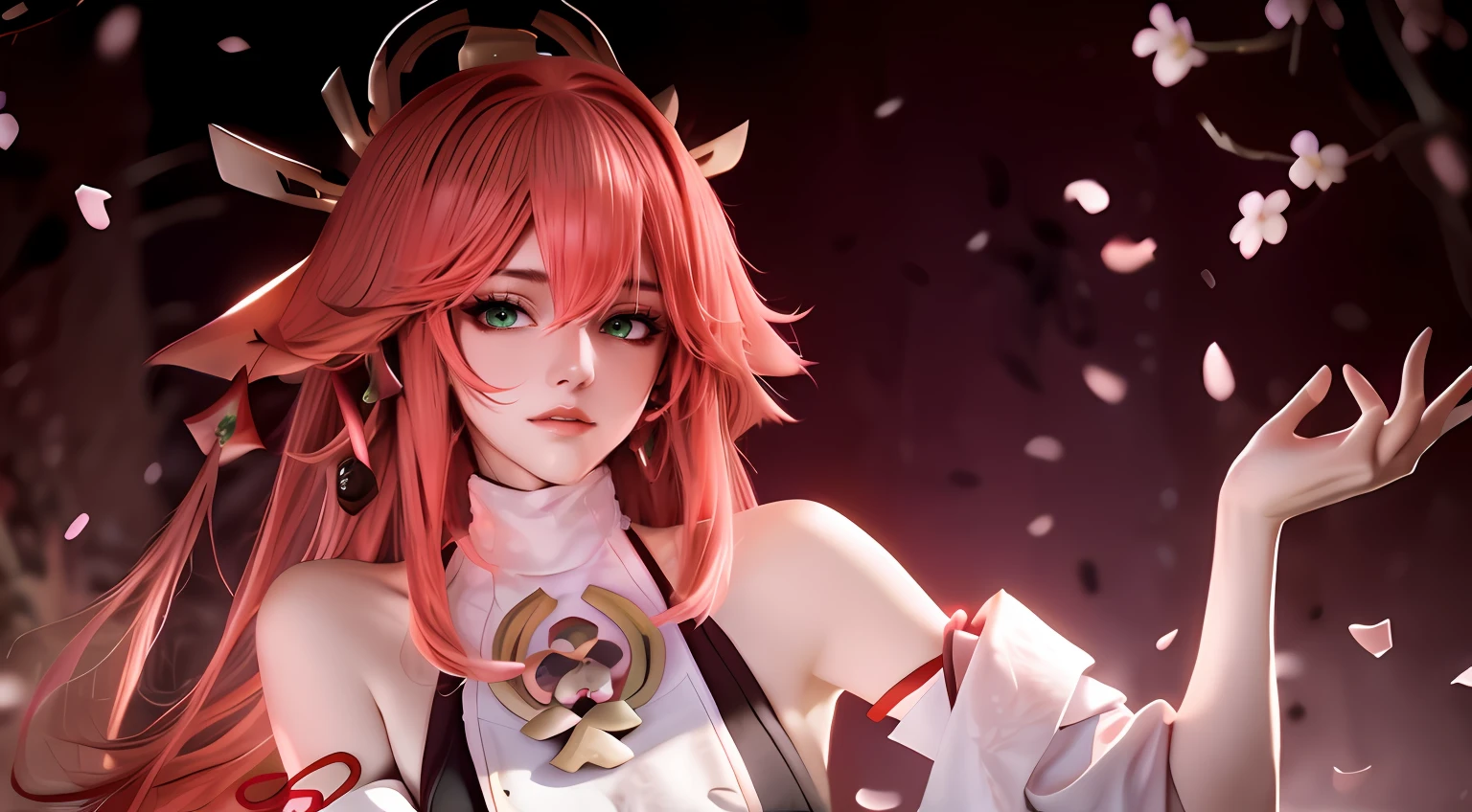 (Masterpiece, Excellent, 1girl, solo, complex details, color difference), realism, ((medium breath)), off-the-shoulders, big breasts, sexy, Yae Miko, long pink hair, red headdress, red highlight, hair above one eye, green eyes, earrings, sharp eyes, perfectly symmetrical figure, choker, neon shirt, open jacket, turtleneck sweater, against the wall, brick wall, graffiti, dim lighting, alley, looking at the audience, ((mean, seductive, charming)), ((cherry blossom background ))),((Japanese temple background)))), (((Glow-in-the-dark background)))