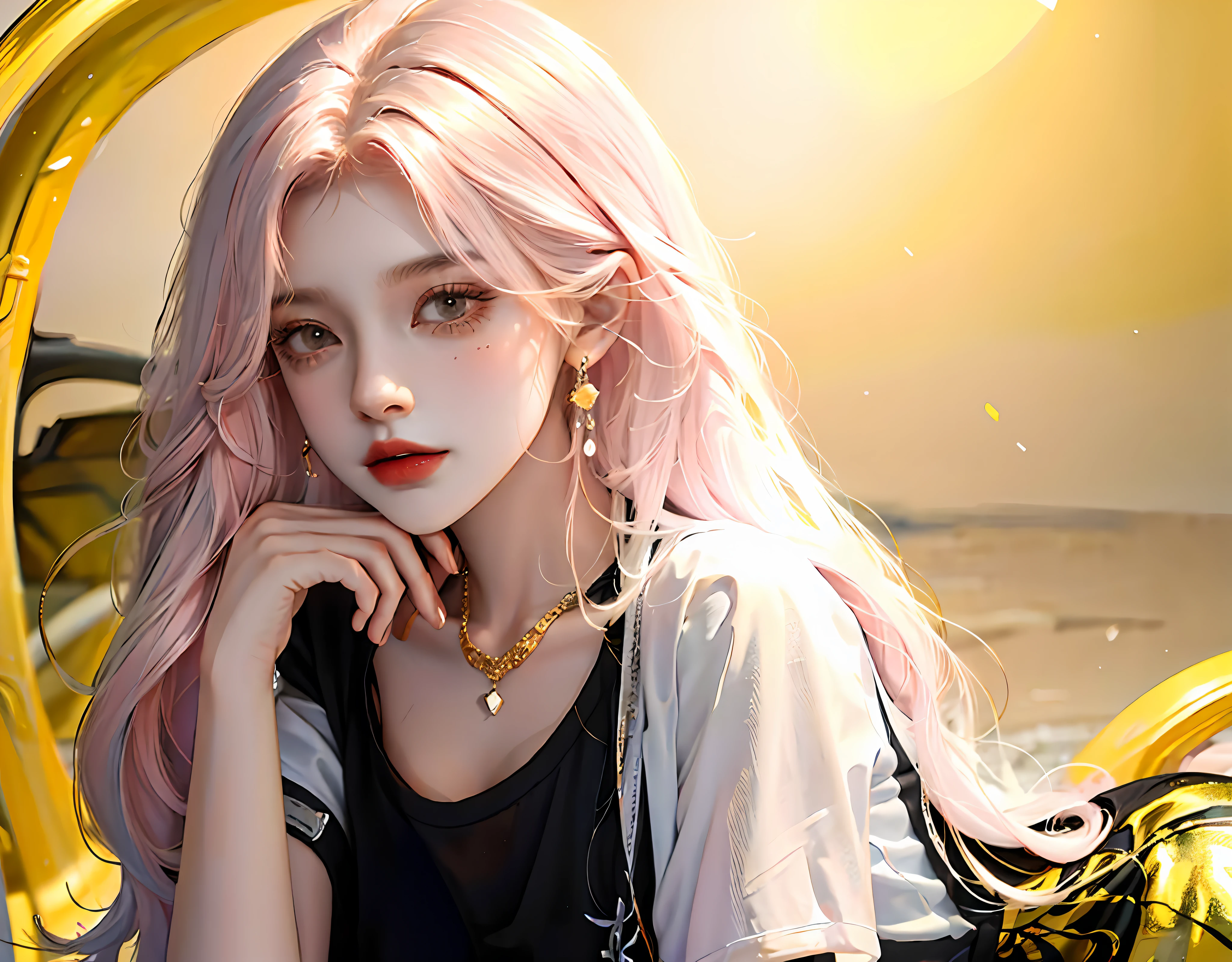 a beautiful girl, white [pink] long hair, black T-shirt, yellow skirt, white background, 8k, uhd, best quality, high resolution