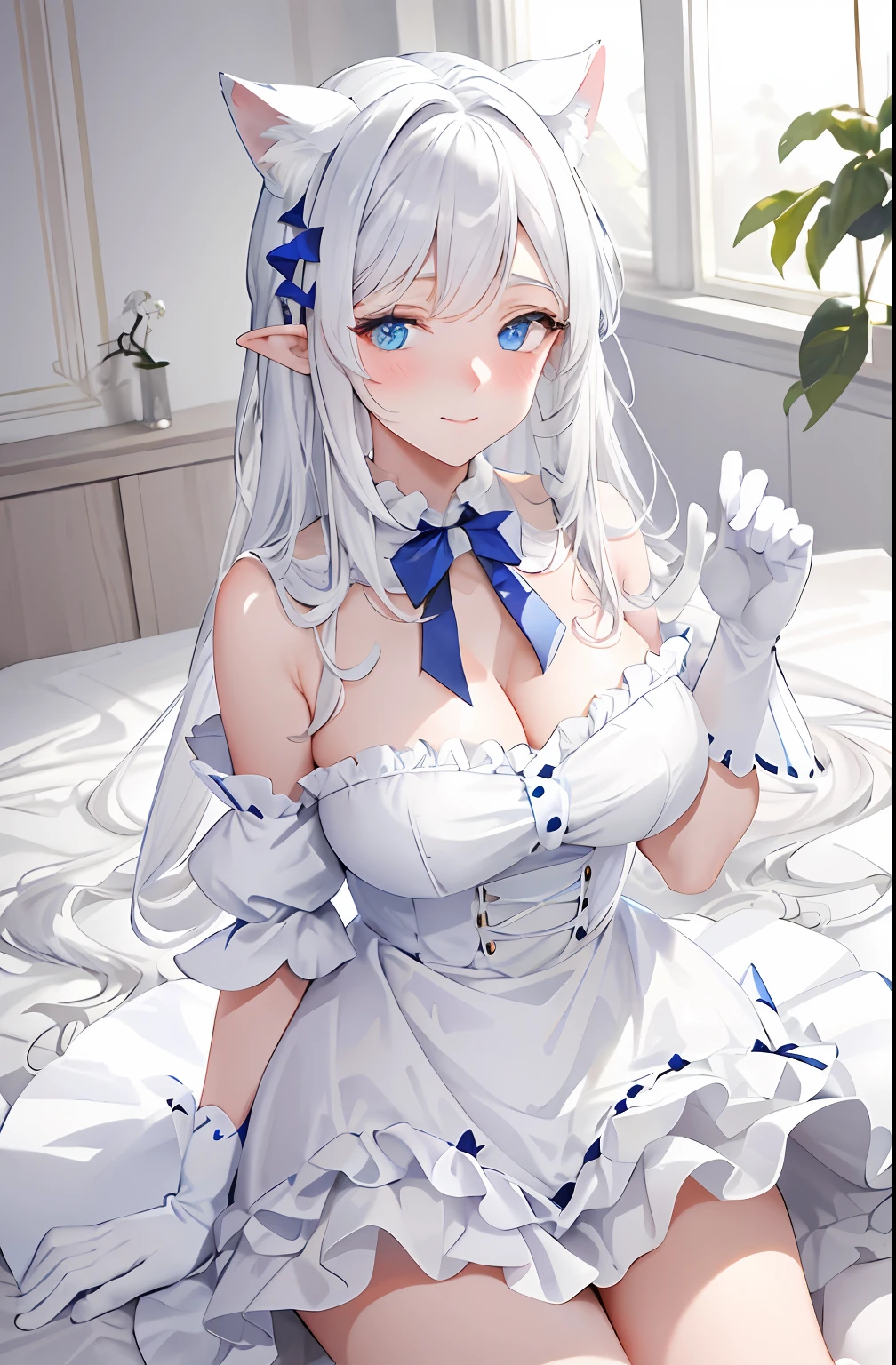 Lazy wind,wide blue eyes,White hair,Dull hair,Beast-eared maiden,White tones,sitted,1girll,Solo,adolable,white dresses,Big hazy eyes,Facial details are exquisite,Beth,onbed,Impeccable,Cute pose,Plush cat's paw gloves,Shy laugh,The complexion is reddish,Puff breasts