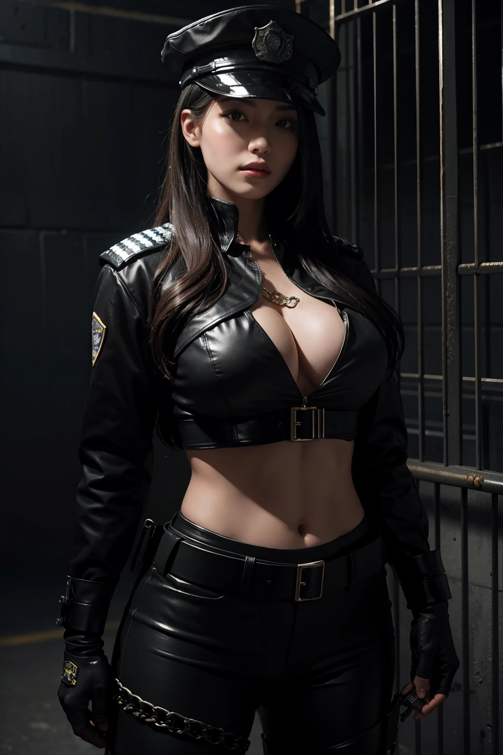 Highest image quality，Outstanding details，超高分辨率，one-girl，Female prison guard，Dark series，Dark style，dark，mechs，She wears a sexy police uniform，In prison，She was in a cage，Robust body，Sexy and robust，Detailed abs，Detailed muscle lines，dynamicposes，Prison cage background，dim murky lights，Dim lighting，grimy，Damp, icy environment，hand gun，Chains，rusted，handcuff，Highly detailed police uniforms，Highly detailed police cap，Police badge，wear police cap，Highly detailed guns，Highly detailed handcuffs，Highly detailed police equipment，frontage，Full body photo，Look from the bottom up，look from down, looki at viewer