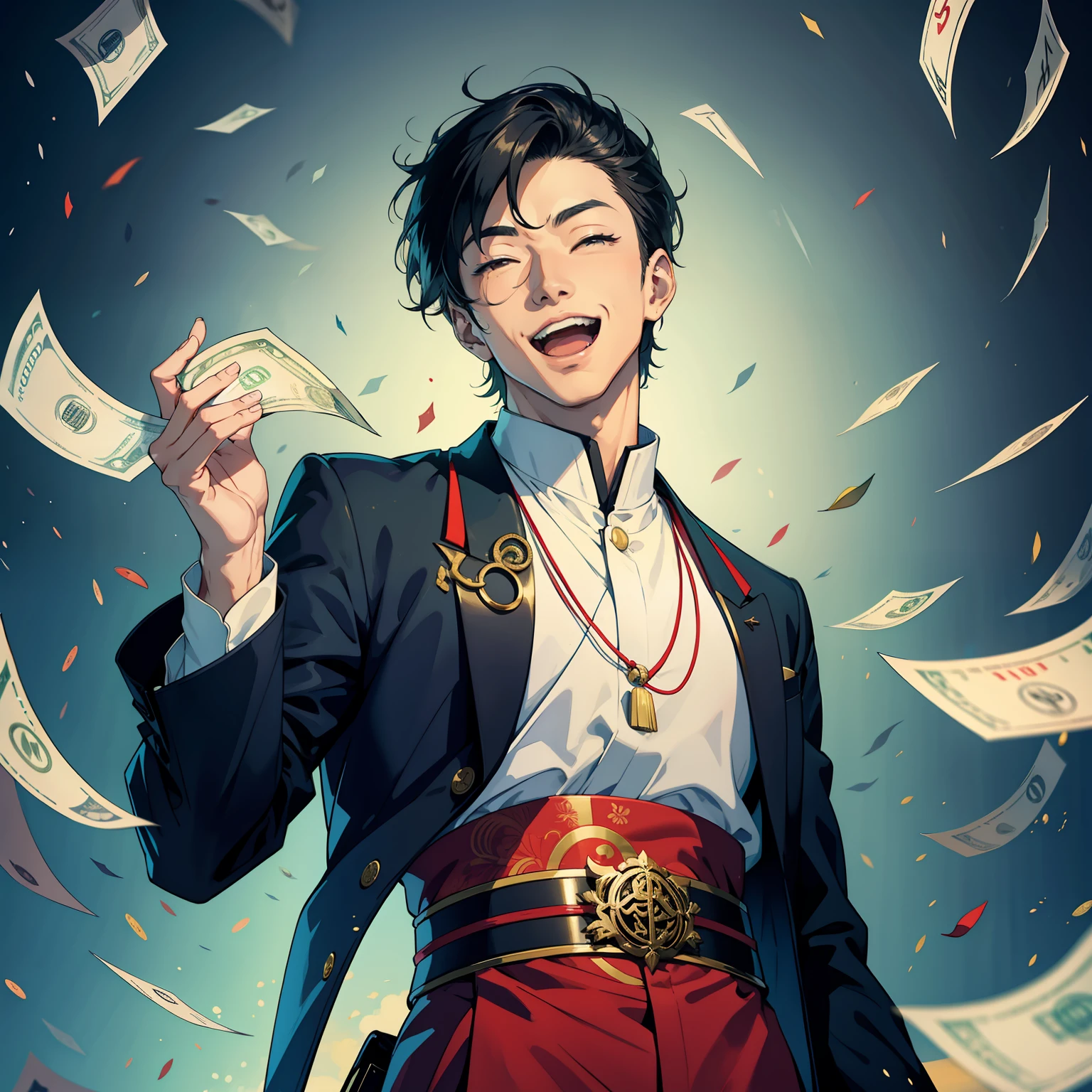 1 male,oriental face,big laughter,Drop money into the air,A lot of money is floating