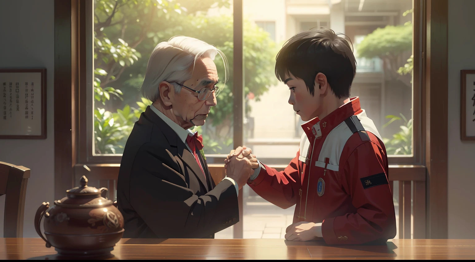 The little boy said goodbye to the old gentleman gratefully,The two shook hands tightly,And look at each other with sincere eyes。