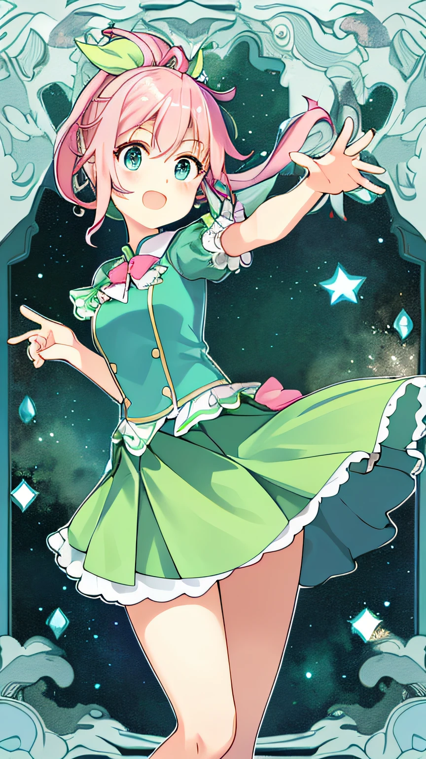 Best Picture Quality,tmasterpiece,full bodyesbian,legs long,Pink princess dress,Blue double ponytail,greene eyes。Green background。short skirt,Big eyes,adolable,