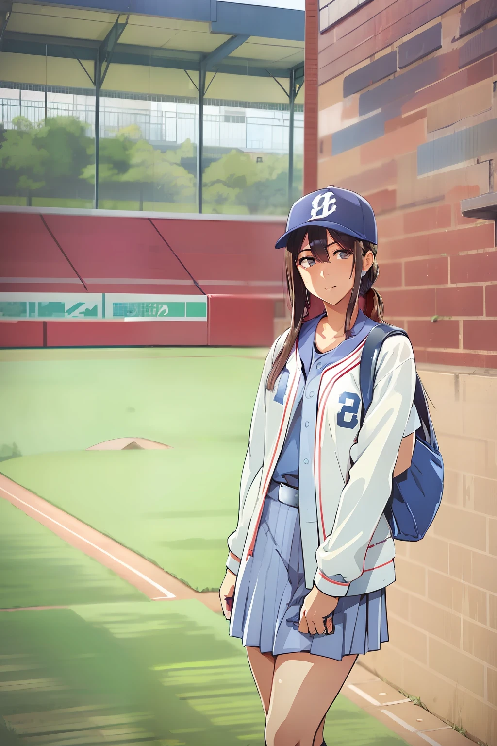 1 female college student、Baseball Uniforms、knock、baseball field、Looking at the camera