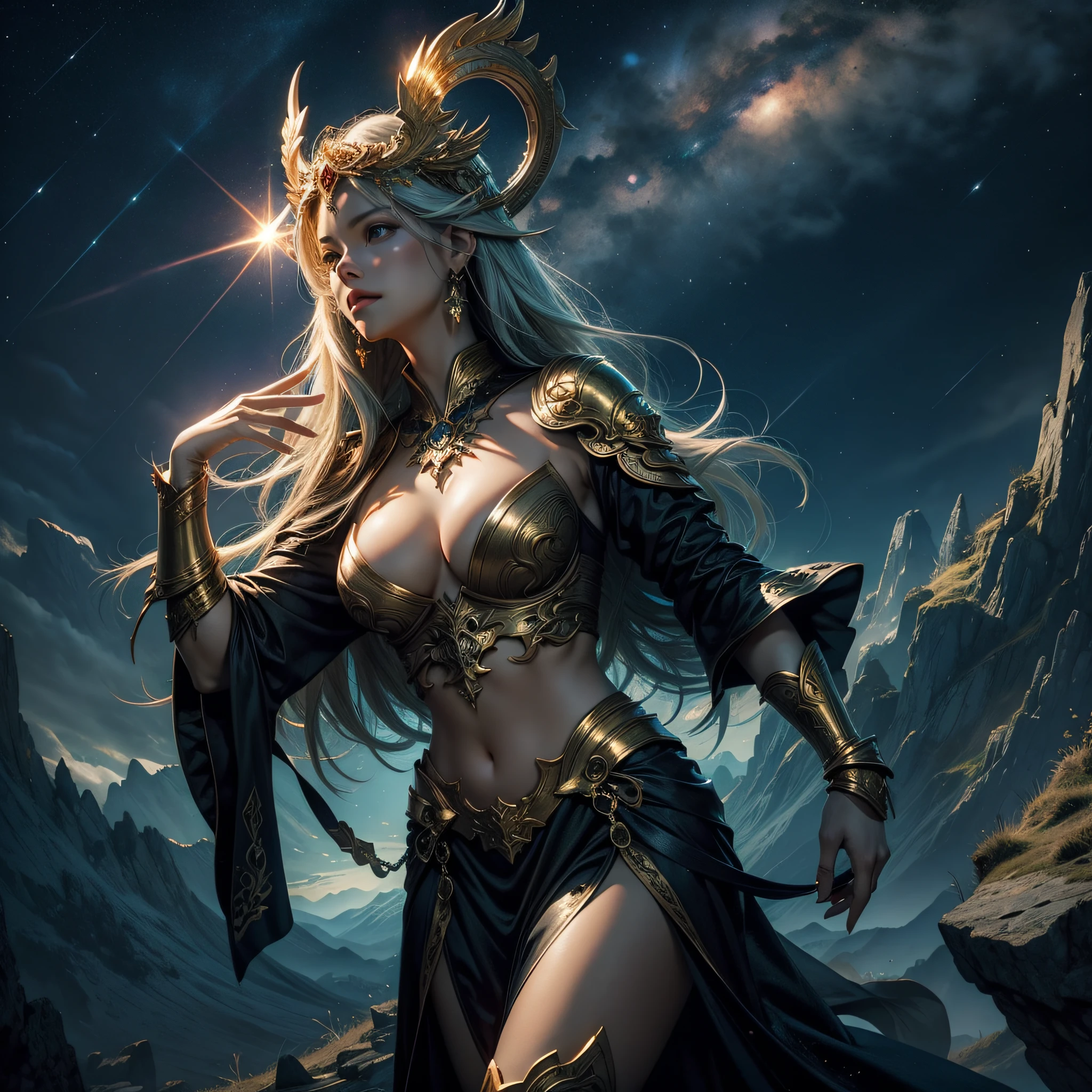 starrysky,High hills,There are goddesses,There is a dragon around,big breasts beautiful,Overhead halo,offcial art,GameCG,imagining,A detailed,k hd,