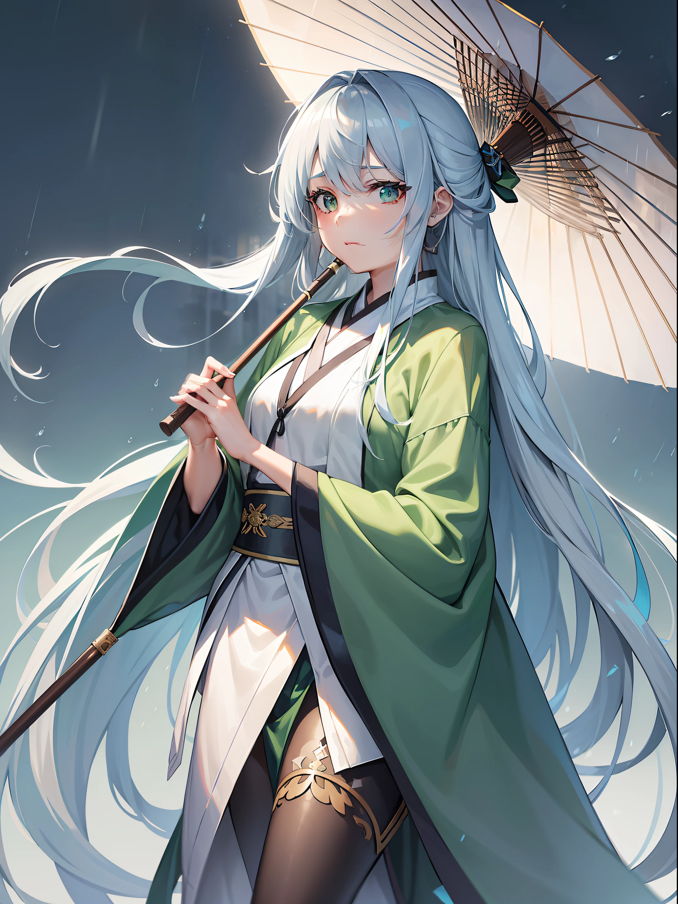 ((tmasterpiece)), best qualtiy,ink wash style, A girl with long flowing hair is wearing Hanfu, Bluestone street, It rained, Green grass all around, Ancient rhyme, A thousand flavors,cabelos preto e longos,rained,oil-paper umbrella,Green clothes,in a panoramic view,Review
