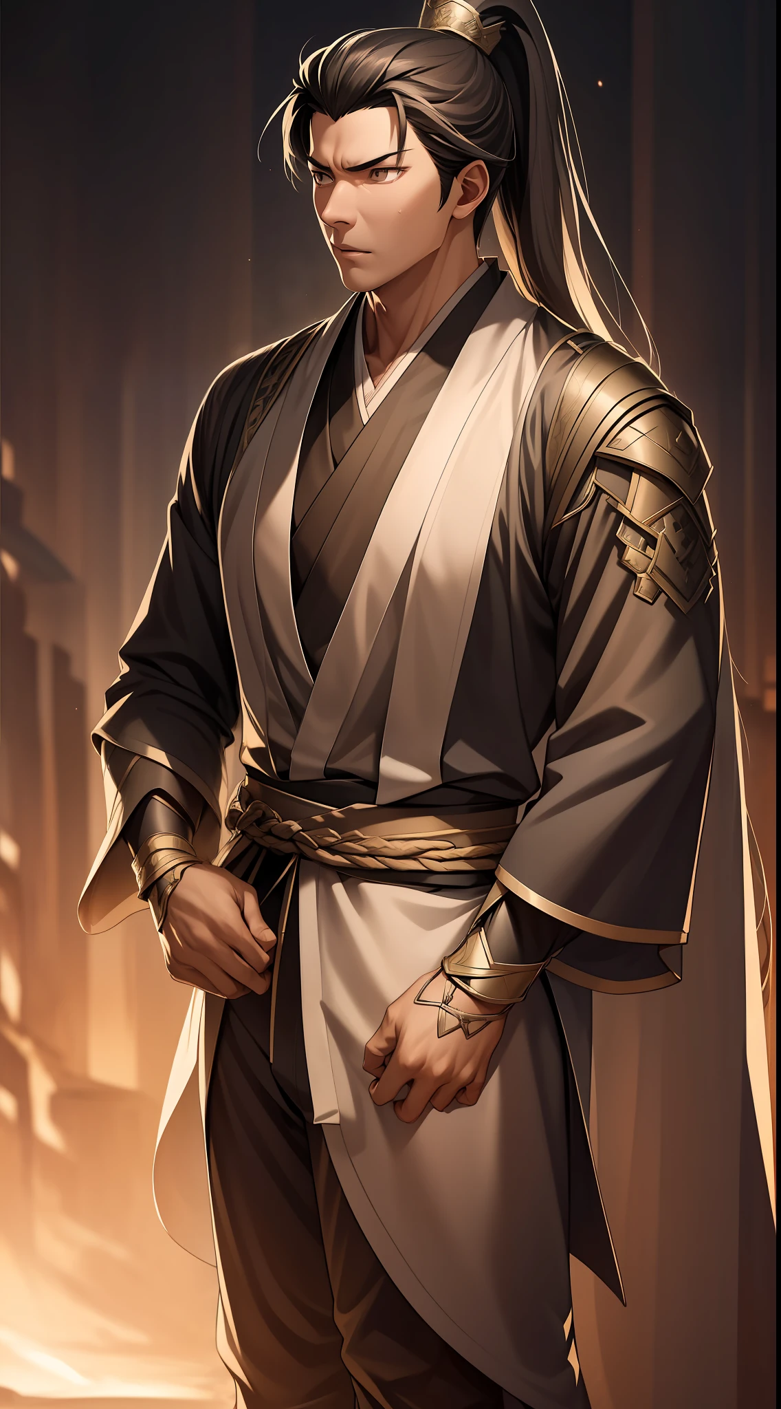 quadratic element,style of anime,mtu(Male Warrior),The proportions are correct,Face details,swordsmen,High ponytail hairstyle,Neck details,There is an Adam's apple,Black Hanfu,kaftan,black toga,clothes details,Handing over,longer sleeves,Game quality,Swordsmanship,Light and shadow tracking,Ray traching,detailed glow,cg render,hair detail,cabelos preto e longos,Black ㇏ eyes,Handsome,Handsome,(juvenile sense),Clothing is complicated,Perfectcomposition,Refinement,high qulity,higher details,Lots of details,The background is complex,a sense of atmosphere,
