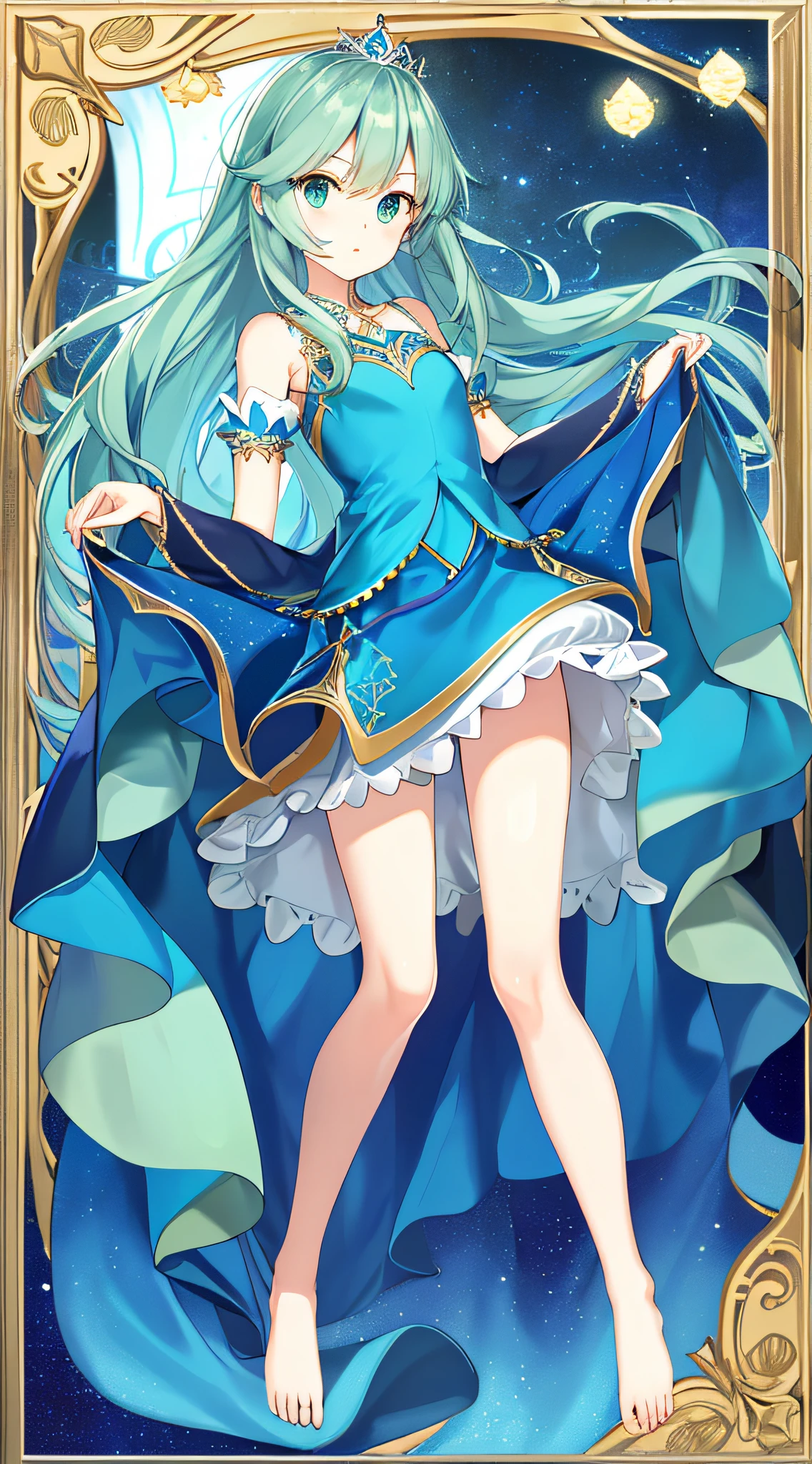 Best Picture Quality + tmasterpiece + legs long + Gorgeous princess dress + blue backdrop + Green eyes + short  skirt + largeeyes + Long flowing hair + Barefoot