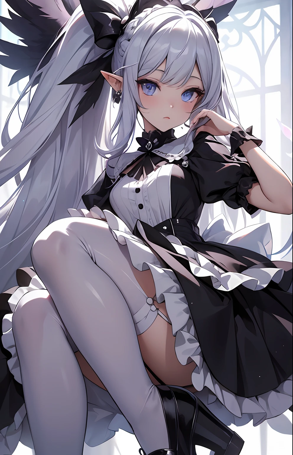 best qualityer,tmasterpiece,Ultimate resolution,downy,Extremely colorful,Colorful,Elven girl,Black and white double ponytail,Lolita long dress, White stockings long legs,Muffin shoes,closeup of face