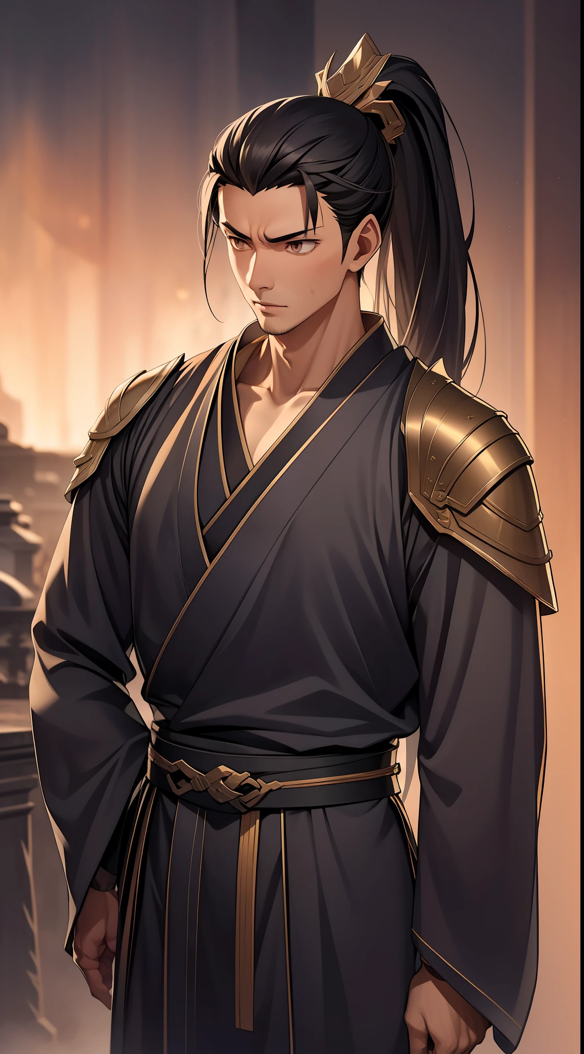 quadratic element，style of anime，mtu（Male Warrior），The proportions are correct，Face details，swordsmen，High ponytail hairstyle，Neck details，There is an Adam's apple，Black Hanfu，kaftan，black toga，clothes details，Handing over，longer sleeves，Game quality，Swordsmanship，Light and shadow tracking，Ray traching，detailed glow，cg render，hair detail，cabelos preto e longos，Black ㇏ eyes，Handsome，Handsome，（juvenile sense），Clothing is complicated，Perfectcomposition，Refinement，high qulity，higher details，Lots of details，The background is complex，a sense of atmosphere，