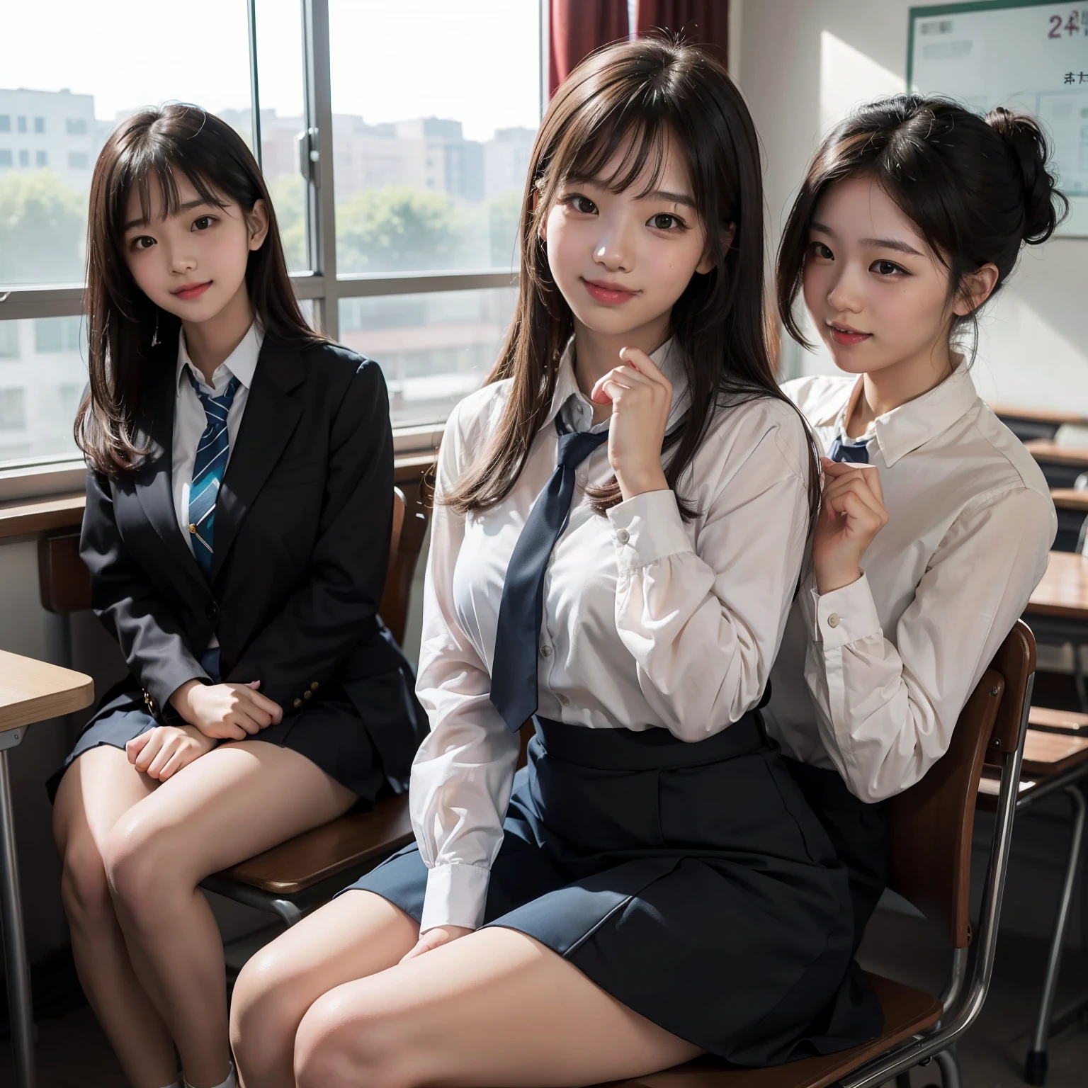 In a warm and cheerful classroom,Three JK girls who graduated from college are excited to take on various poses,Make unforgettable graduation photos for the wonderful time you are about to leave campus。
The first girl,She is smiling wide,Stand on the podium of the classroom,Make a confident and proud pose,Diploma in hand。She held her head high,The blackboard in the background is full of drawn colorful sketches and mathematical equations,Highlight her academic achievements and talents。
The second girl,She was dressed in a school uniform,Sit at a desk in the classroom,Cross your legs,holding chin in hand,Reveal a mischievous and smart smile。On the table were her favorite books and decorations,Conveys her love of learning and curious personality。
The third girl,She stood by the window,Behind you, you can see the campus through the transparent glass。She clasped her hands to her chest,Eyes look firmly into the distance,The face shows anticipation and determination for the future。A pot of flowers was placed by the window,Complements her curvaceous image,Symbolizing her youthful and beautiful growth。
The classroom is filled with laughter and youth,Instantly freeze in the shot。The graduation photos of the three young girls document their friendship during their student days、Strive and grow。These photos convey a strong emotion,Evoke people's youth、A yearning for friendship and good memories。
Every pose in the graduation photo is full of creativity and unique charm,Show their personality and achievements during their college years。These photos will become memories they will cherish for the rest of their lives,It was also an important milestone in their lives。Through these photos,We can feel their infinite expectations and courageous pursuit of the future,For them, it is like a colorful picture,Dancing the melody of youth。