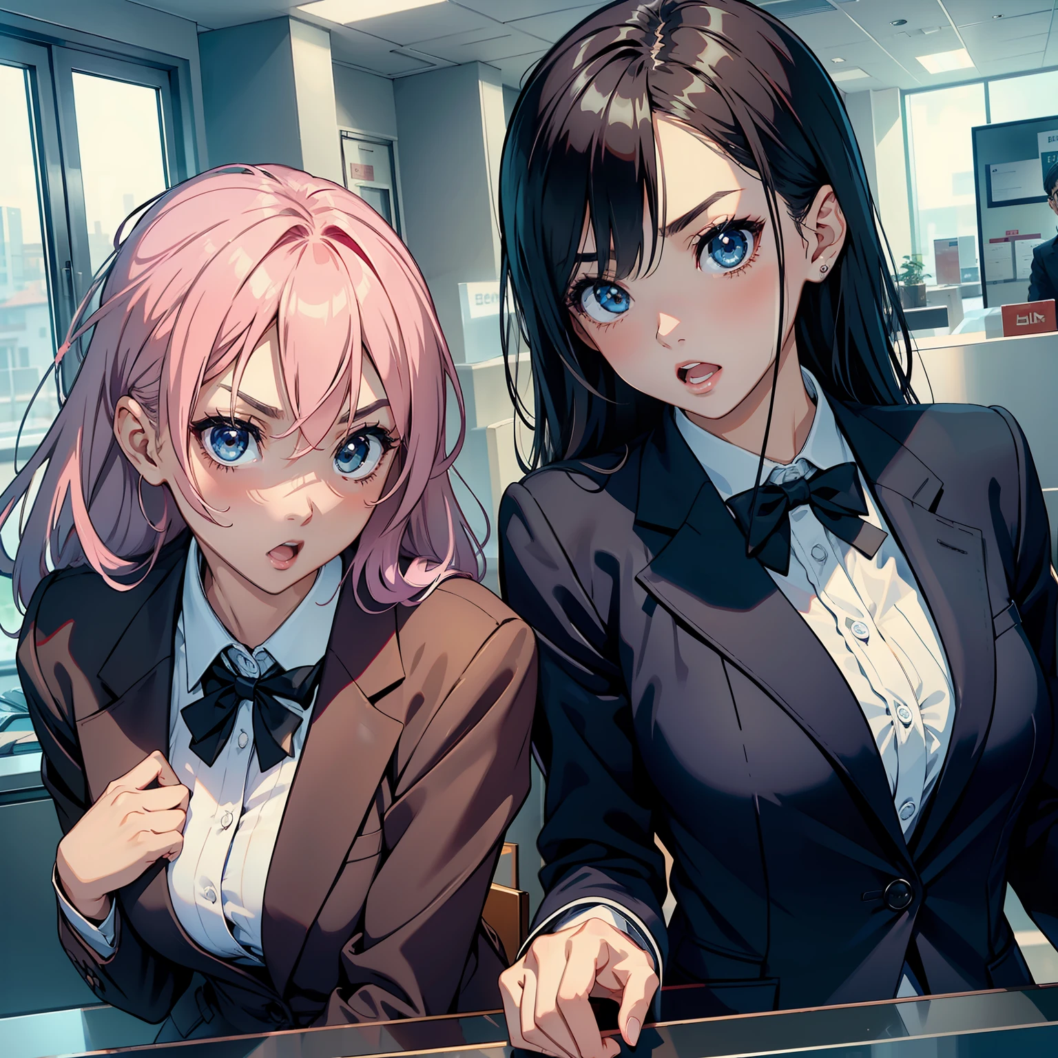 2 beauties，expression of surprise，Open your mouth，largeeyes，Blushing expression，Wear professional attire，At the bank counter，Bust photo