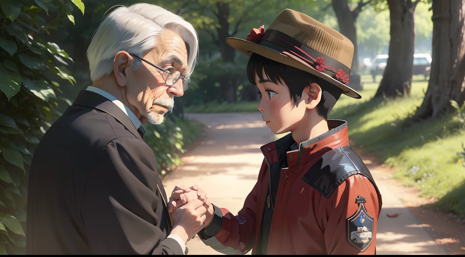 The little boy said goodbye to the old gentleman gratefully,The two shook hands tightly,And look at each other with sincere eyes。