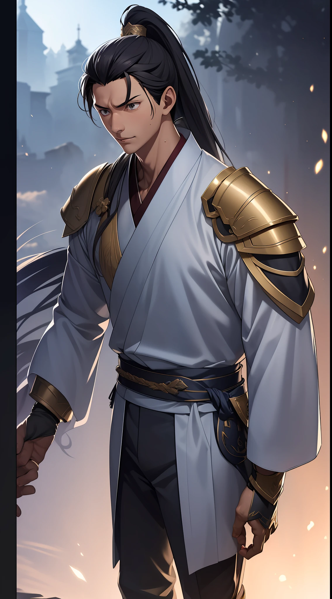 quadratic element，style of anime，mtu（Male Warrior），The proportions are correct，Face details，swordsmen，High ponytail hairstyle，Neck details，There is an Adam's apple，Blue suit，kaftan，long blue robes，clothes details，Handing over，longer sleeves，Game quality，Swordsmanship，Light and shadow tracking，Ray traching，detailed glow，cg render，hair detail，blue long hair，Blue ㇏ eyes，Handsome，Handsome，（juvenile sense），Clothing is complicated，Perfectcomposition，Refinement，high qulity，higher details，Lots of details，The background is complex，a sense of atmosphere，